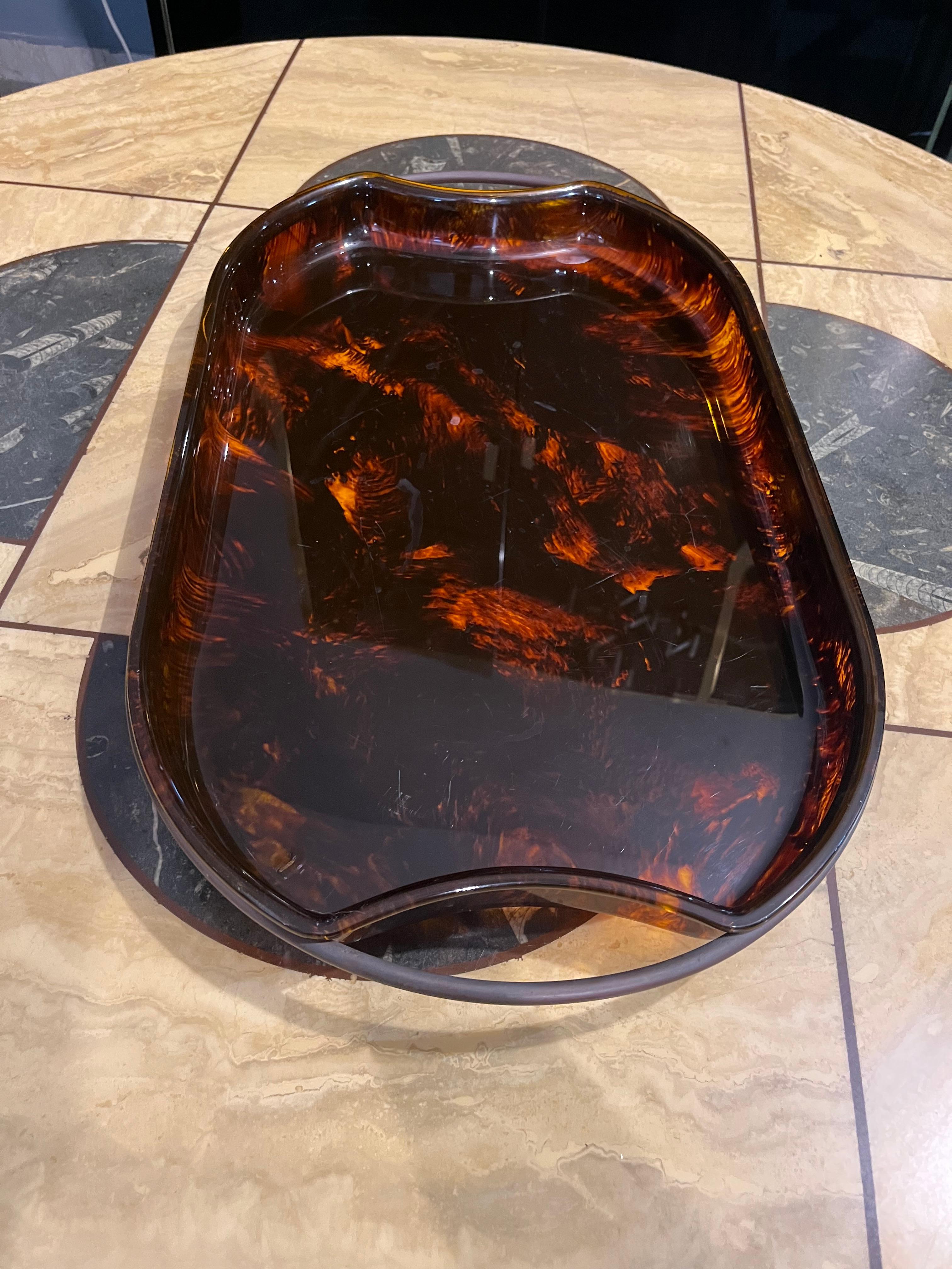 Mid-Century Modern Guzzini 1970s brass and lucite faux tortoise bar tray For Sale
