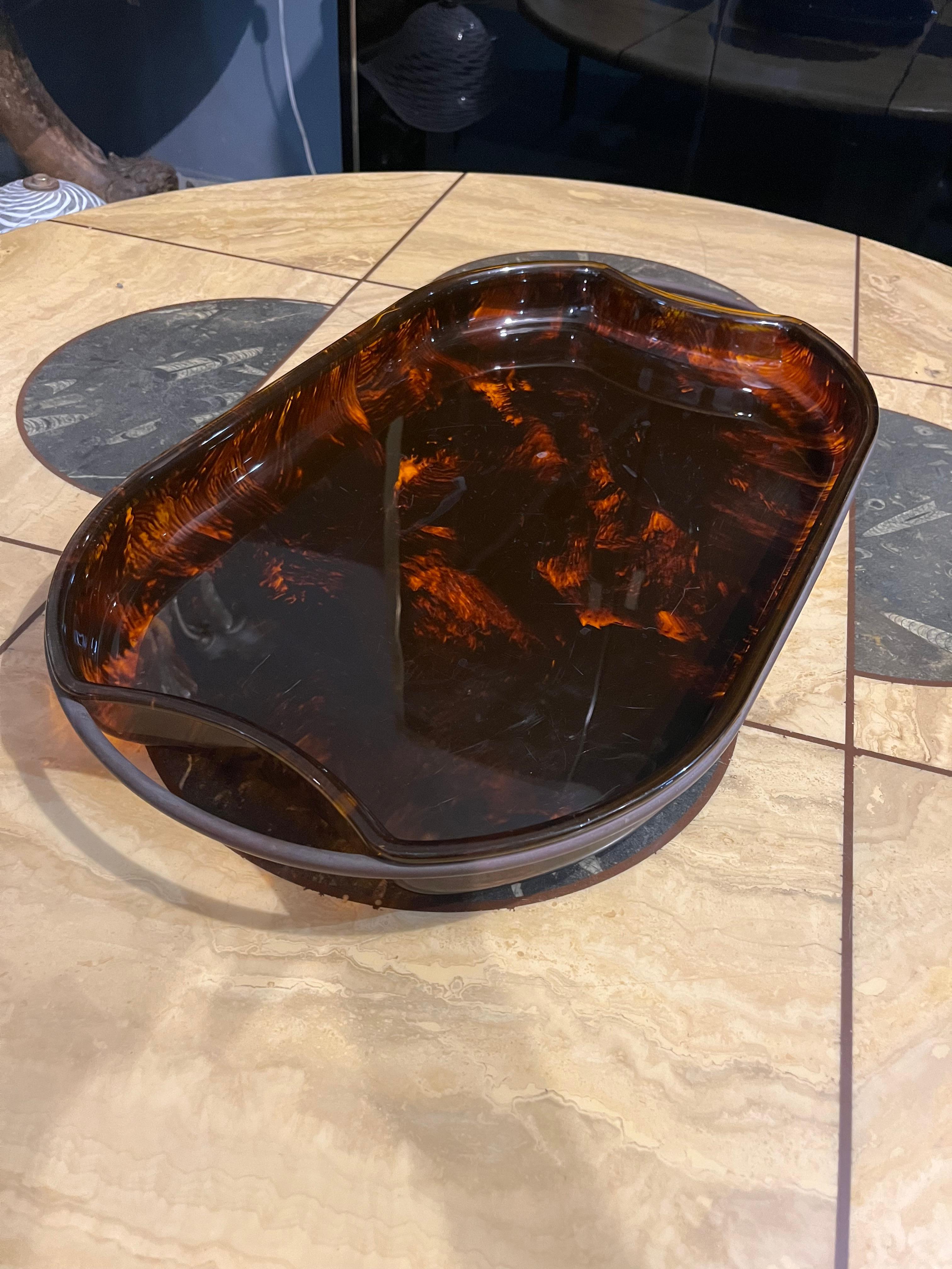 Italian Guzzini 1970s brass and lucite faux tortoise bar tray For Sale