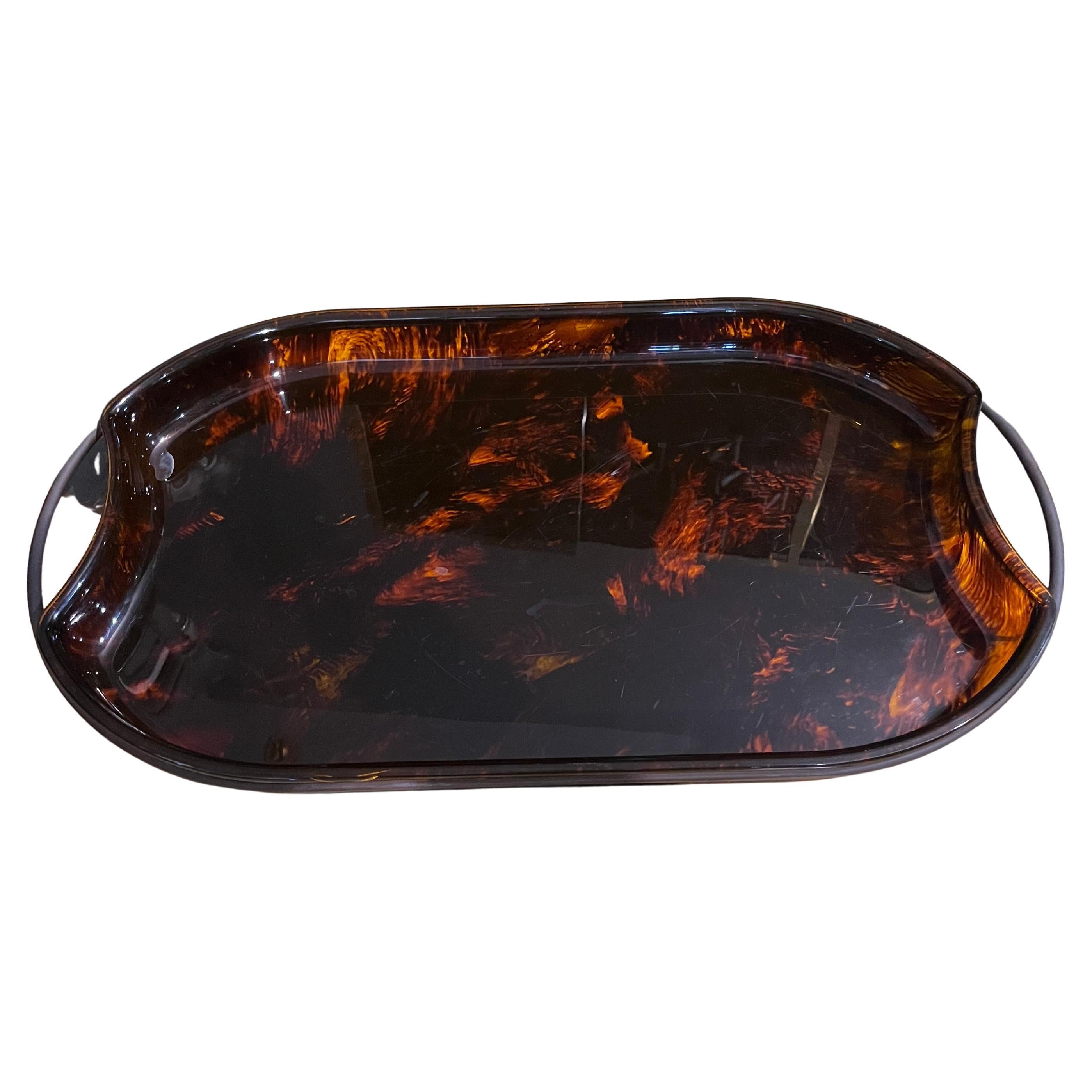 Guzzini 1970s brass and lucite faux tortoise bar tray