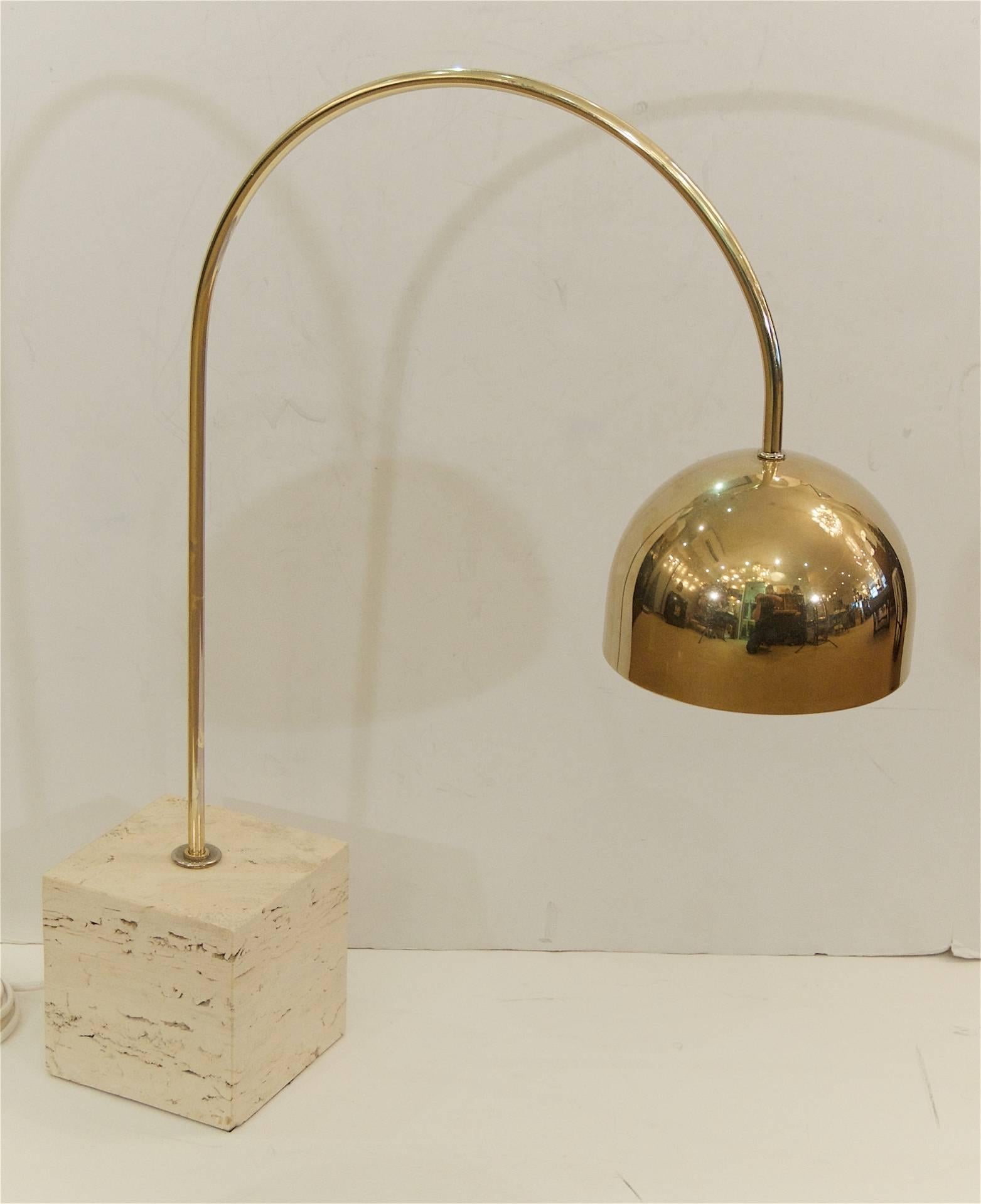 Mid-Century Modern Guzzini Brass Arc Table Lamp with Travertine Base For Sale