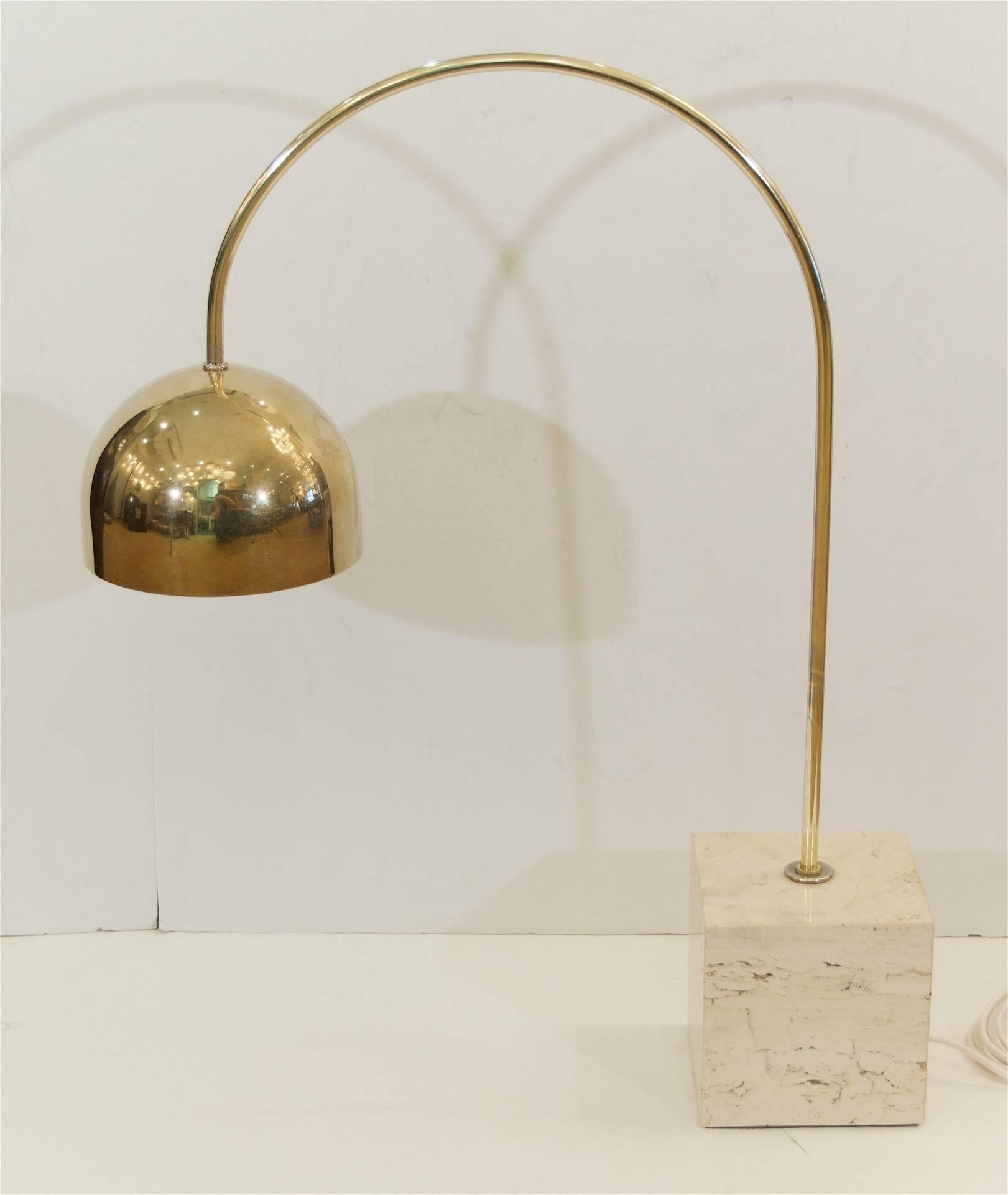Italian Guzzini Brass Arc Table Lamp with Travertine Base For Sale