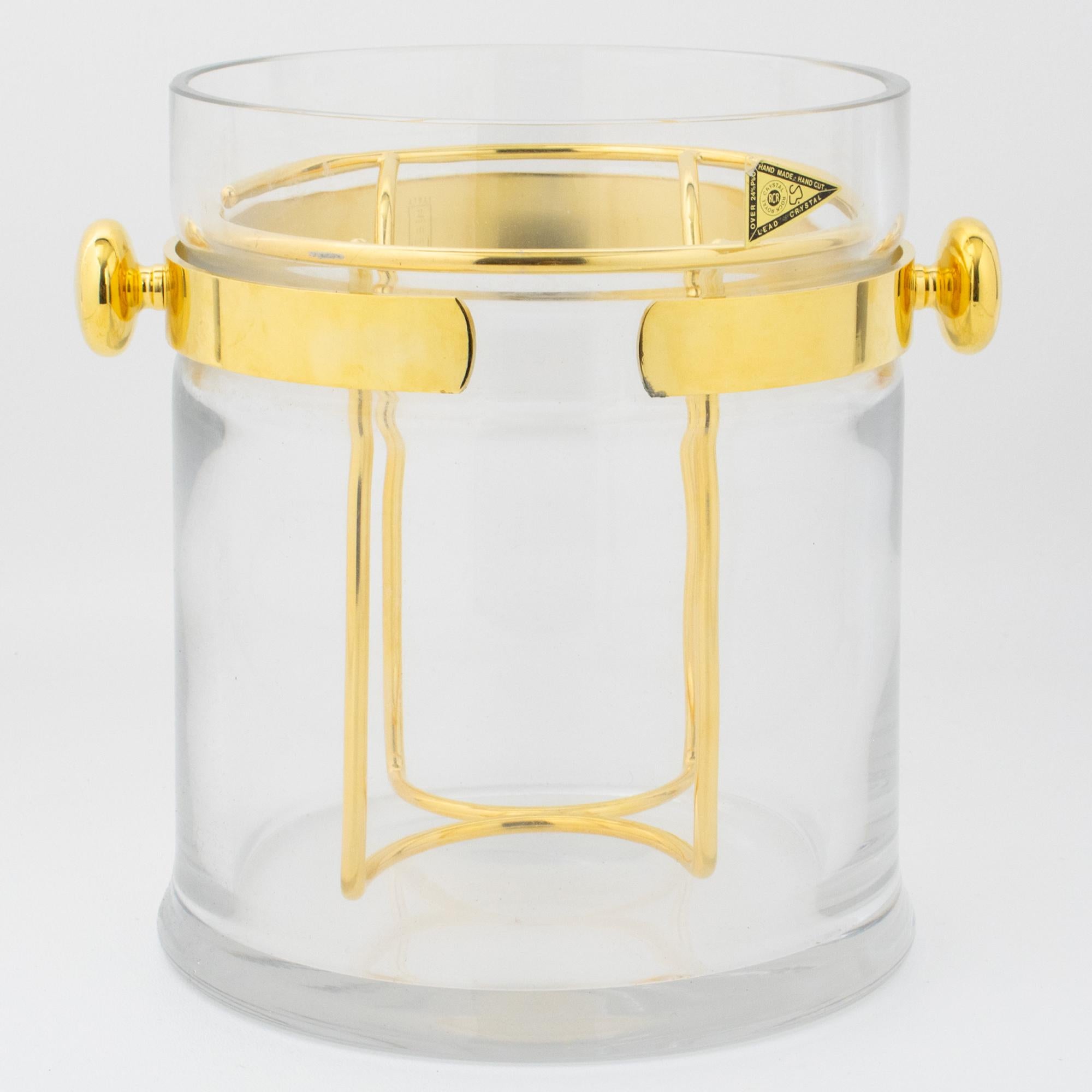 Italian Guzzini Crystal and Gold Plate Barware Champagne Ice Bucket Cooler, circa 1970 For Sale