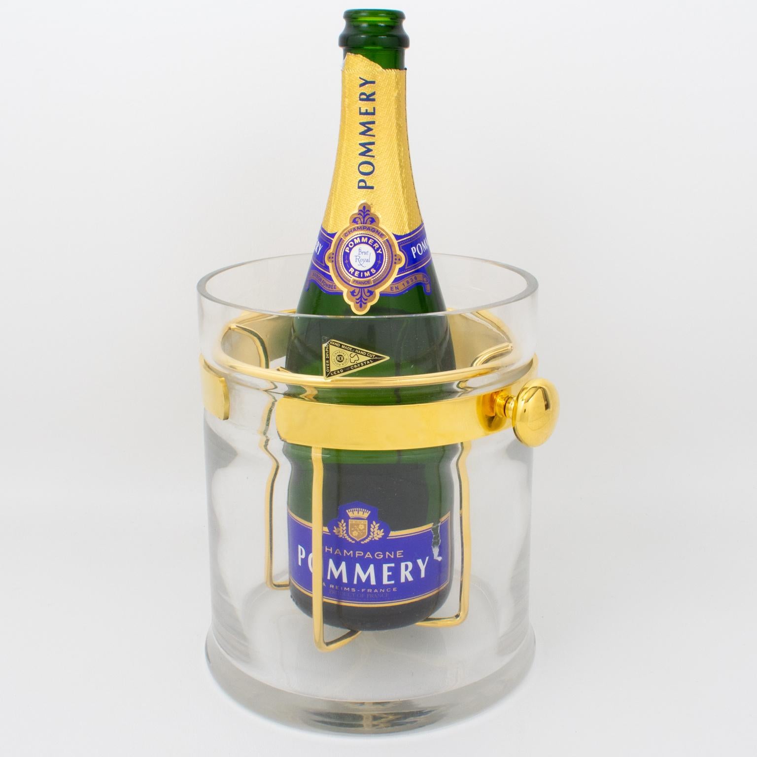 Guzzini Crystal and Gold Plate Barware Champagne Ice Bucket Cooler, circa 1970 For Sale 2