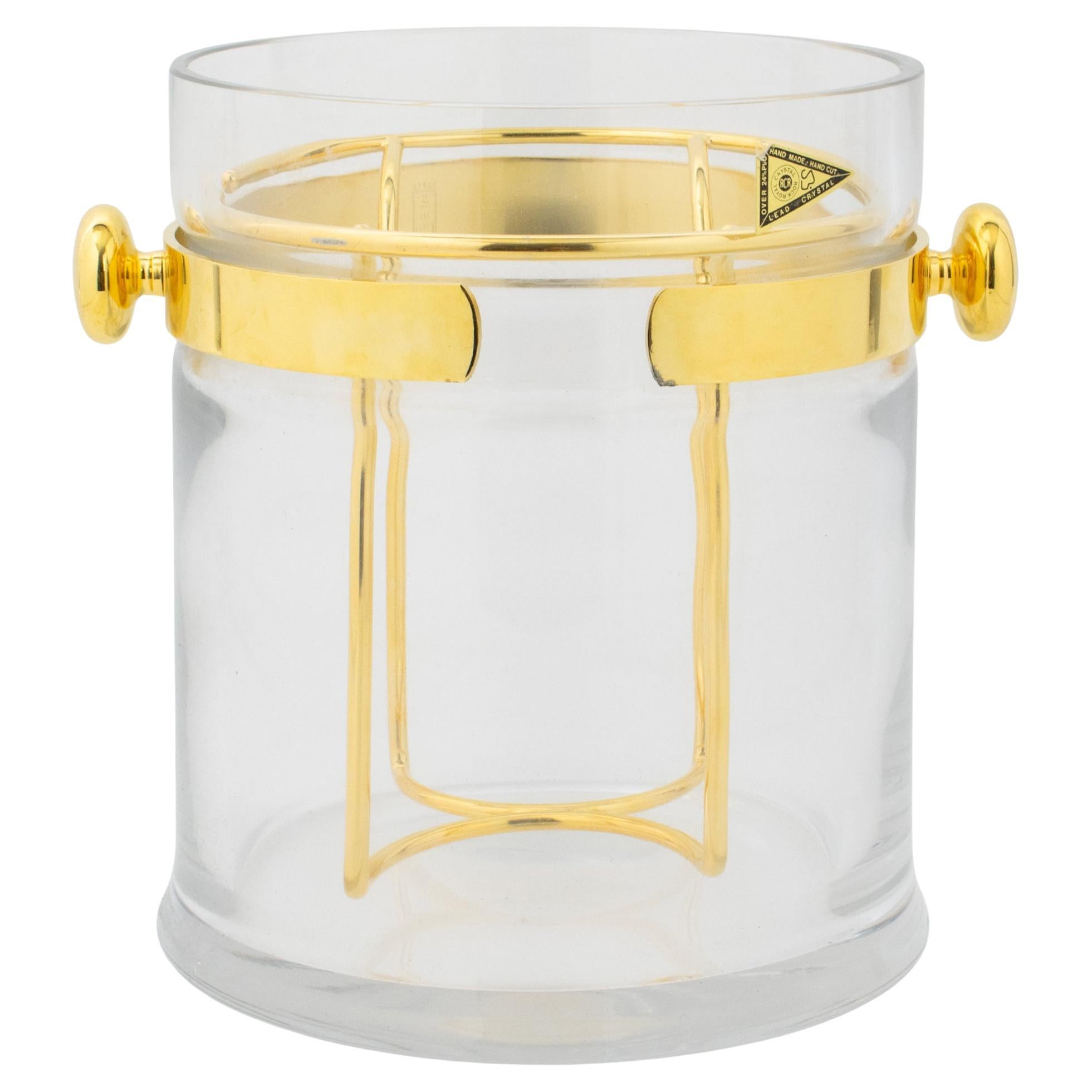 Guzzini Crystal and Gold Plate Barware Champagne Ice Bucket Cooler, circa 1970 For Sale