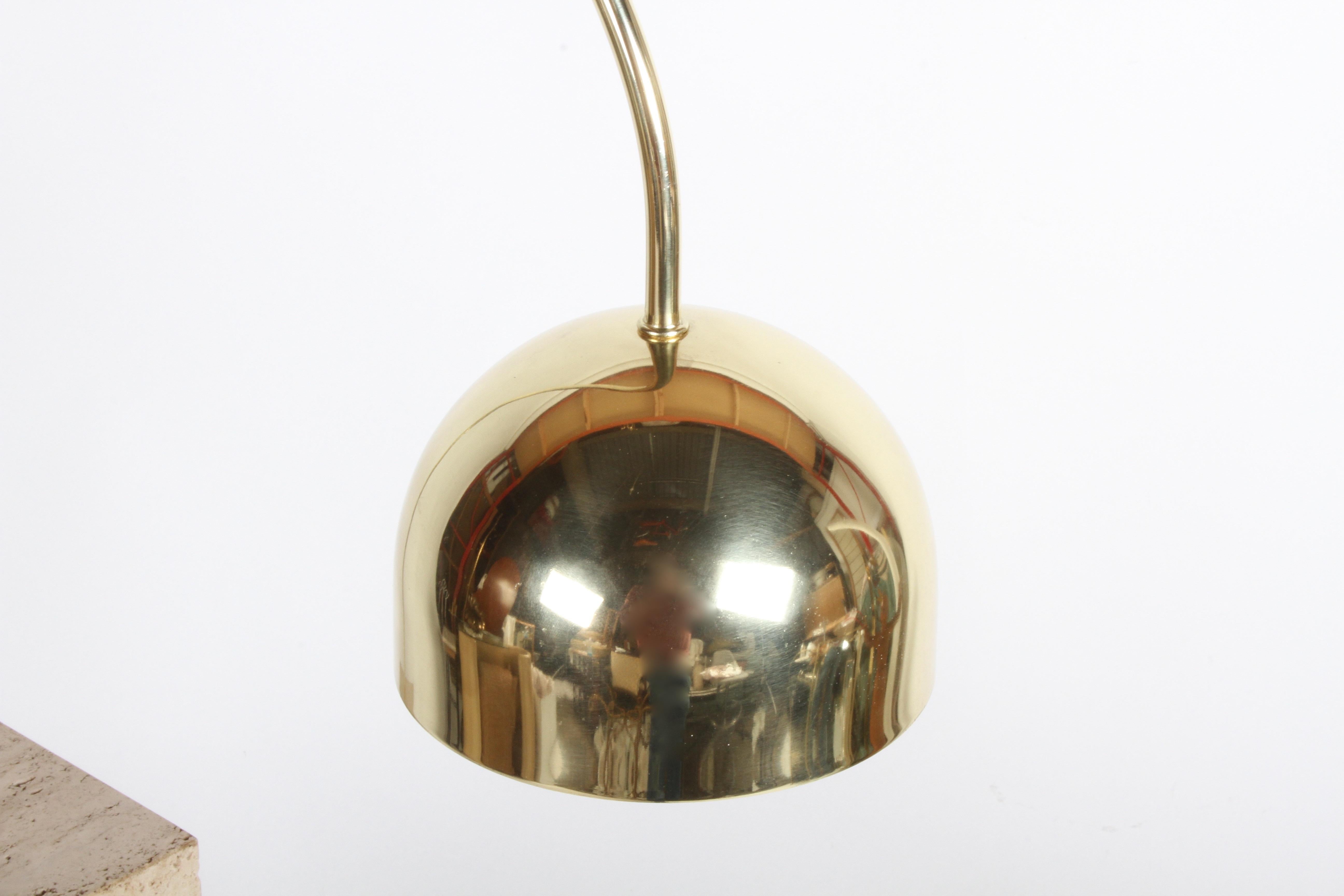 Guzzini Italian Brass Arc Table Lamp on Travertine Base, Restored For Sale 1