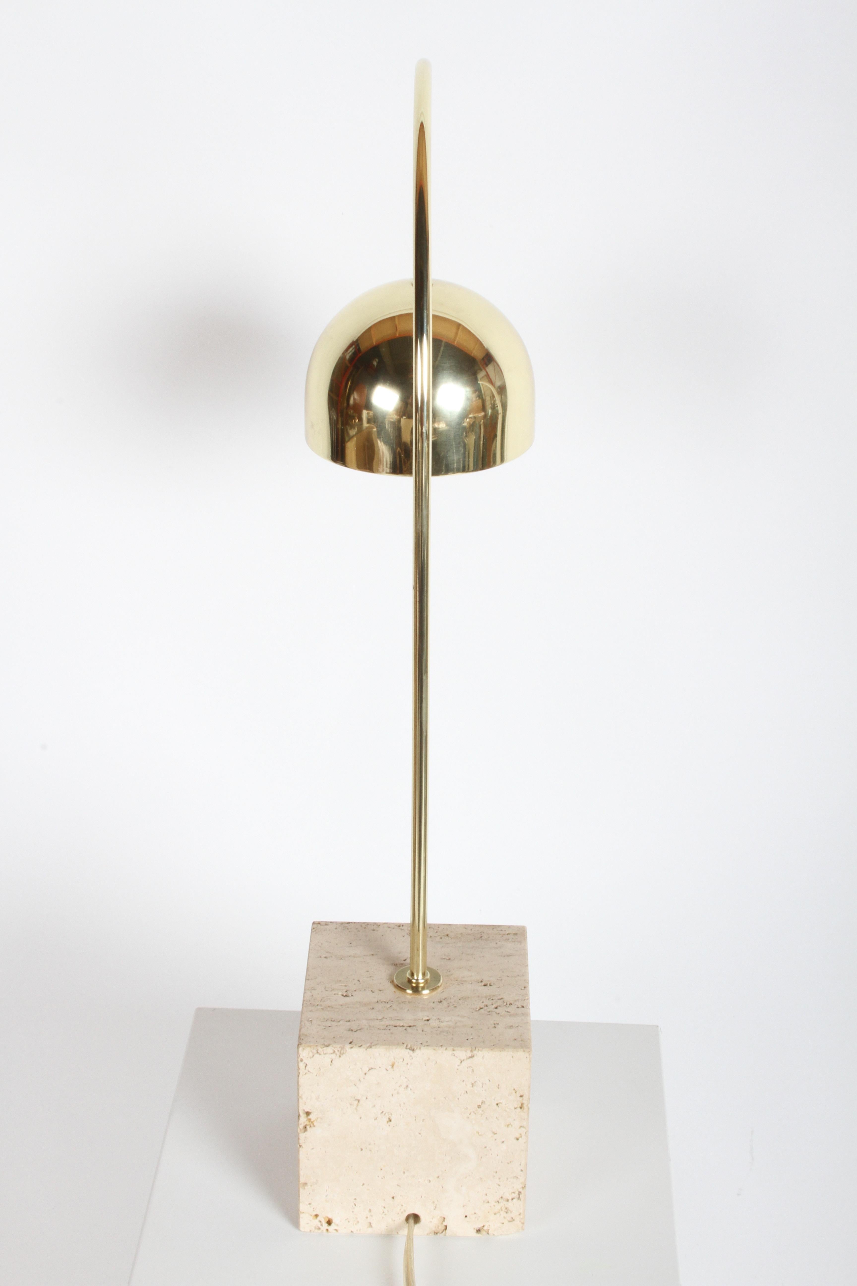 Guzzini Italian Brass Arc Table Lamp on Travertine Base, Restored In Good Condition For Sale In St. Louis, MO