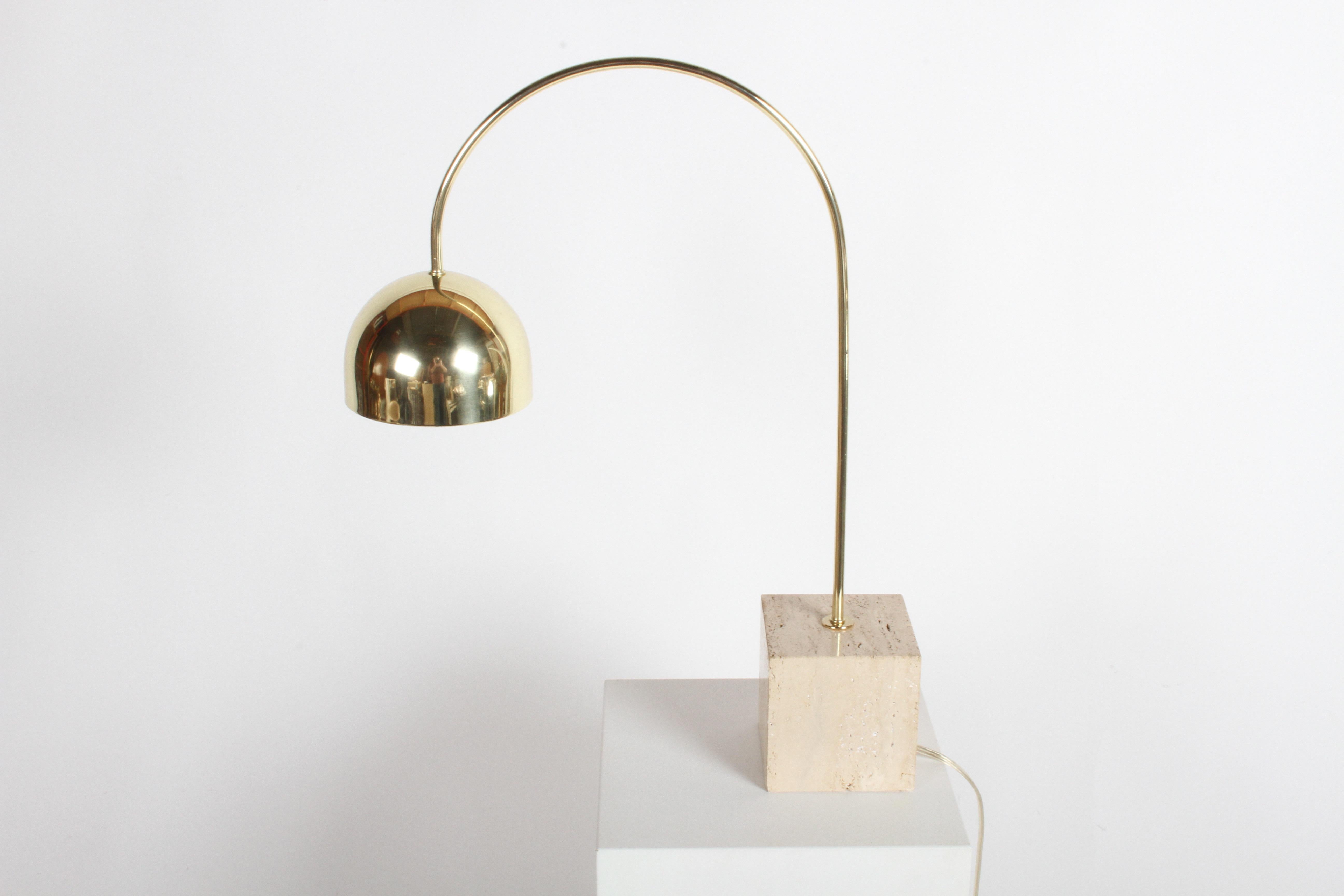 Late 20th Century Guzzini Italian Brass Arc Table Lamp on Travertine Base, Restored For Sale