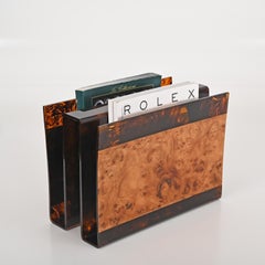 Guzzini Midcentury Faux Tortoiseshell Plexiglass and Briar Magazine Rack, 1970s