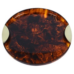 Guzzini Mid-Century Lucite and Brass Italian Serving Tray, Tortoiseshell Effect