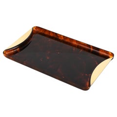 Guzzini Mid-Century Lucite and Brass Italian Serving Tray, Tortoiseshell Effect