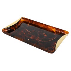 Guzzini Midcentury Lucite and Brass Italian Serving Tray, Tortoiseshell Effect