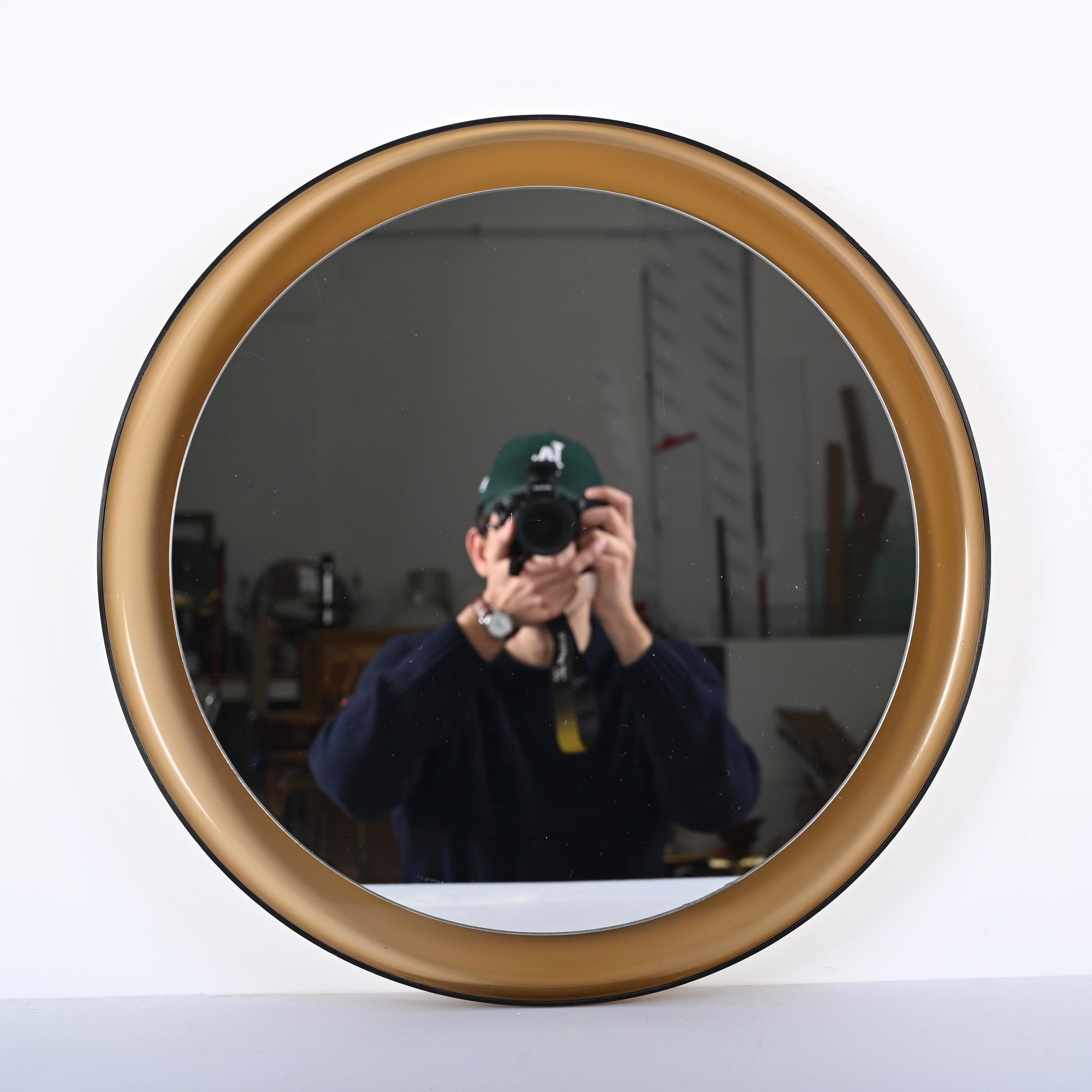 Mid-Century Modern Guzzini Midcentury Italian Round Smoked Brown Lucite Wall Mirror, 1960s For Sale