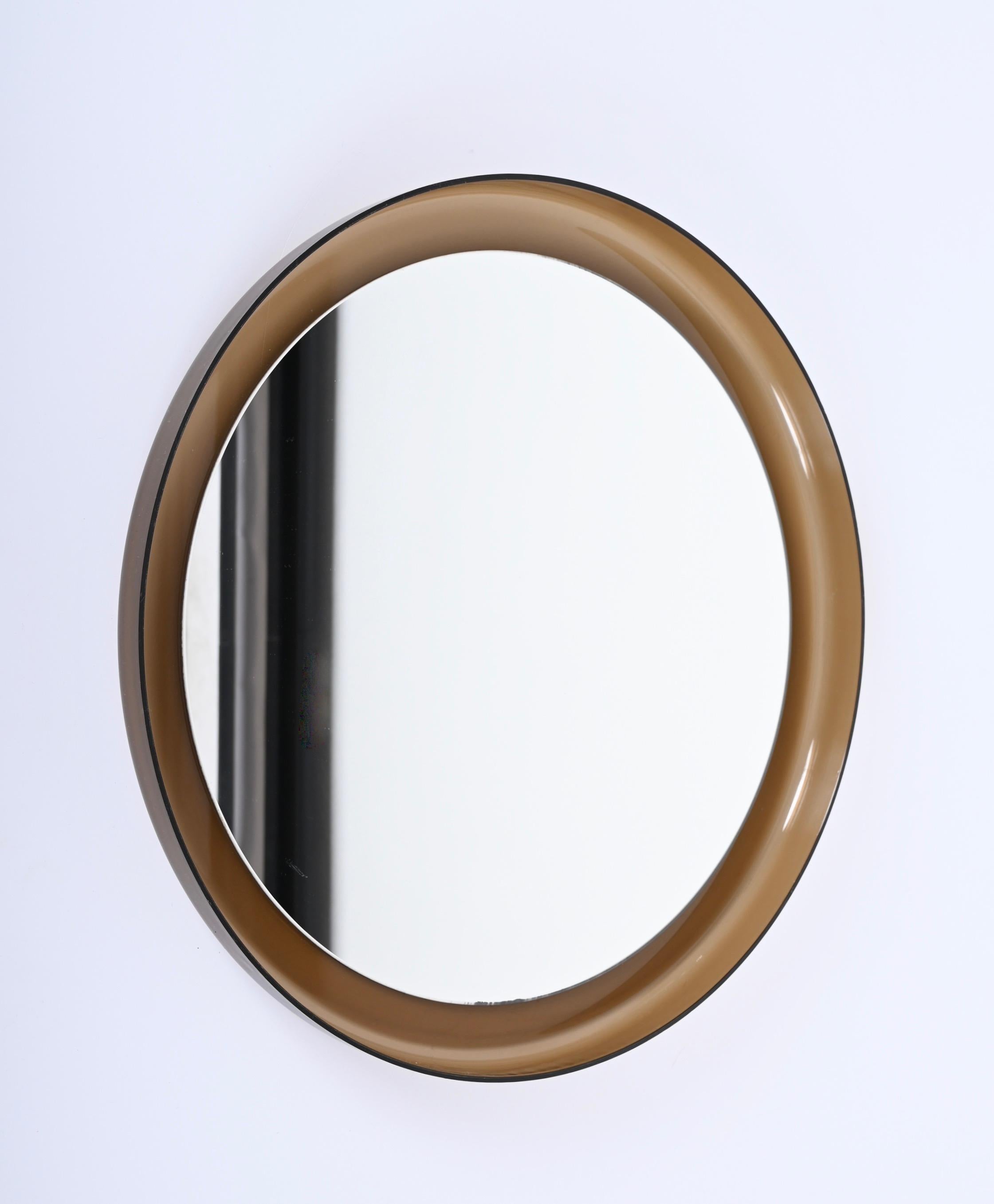 Steel Guzzini Midcentury Italian Round Smoked Brown Lucite Wall Mirror, 1960s For Sale