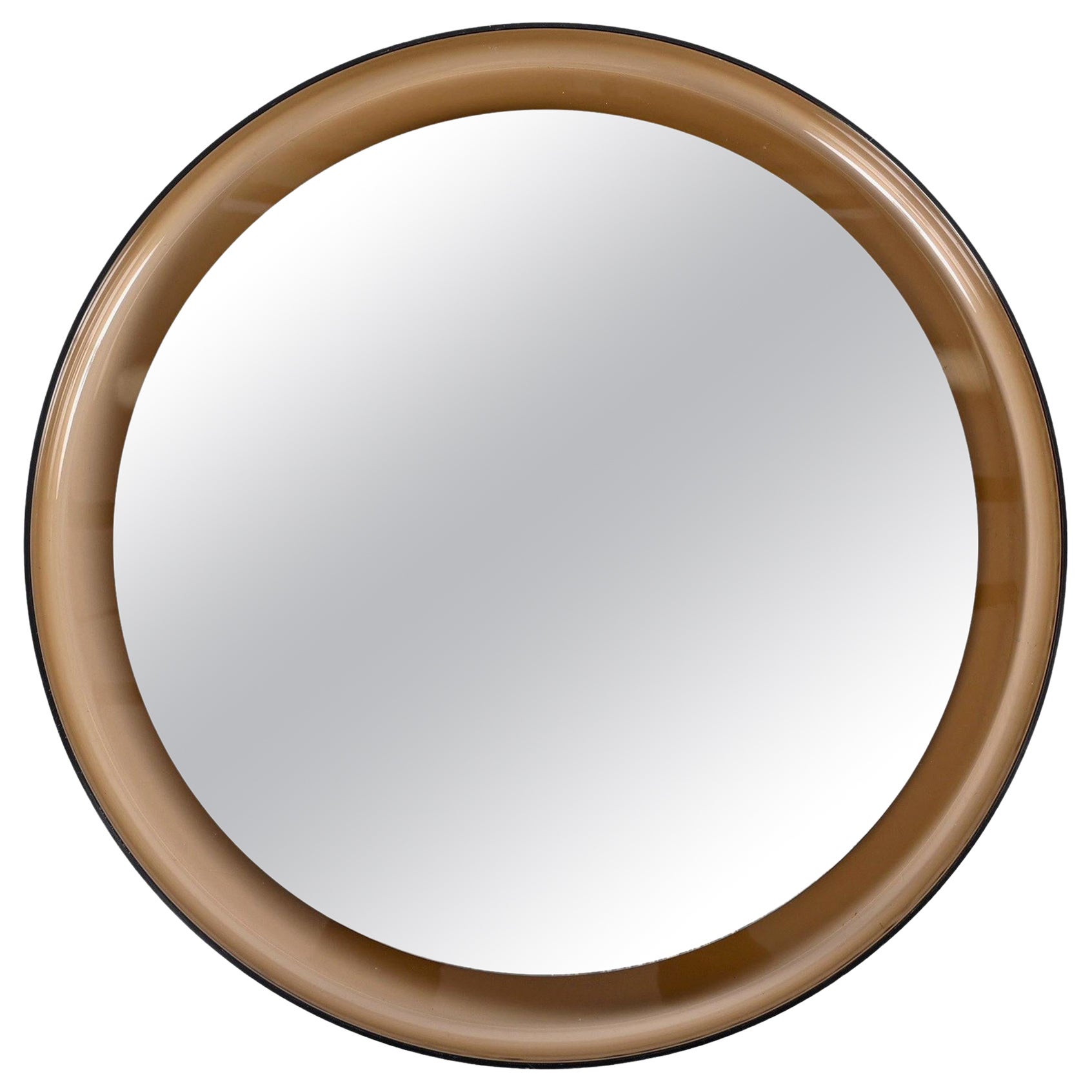 Guzzini Midcentury Italian Round Smoked Brown Lucite Wall Mirror, 1960s