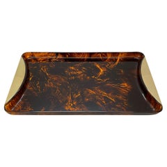 Guzzini Midcentury Lucite and Brass Italian Serving Tray, Tortoiseshell Effect