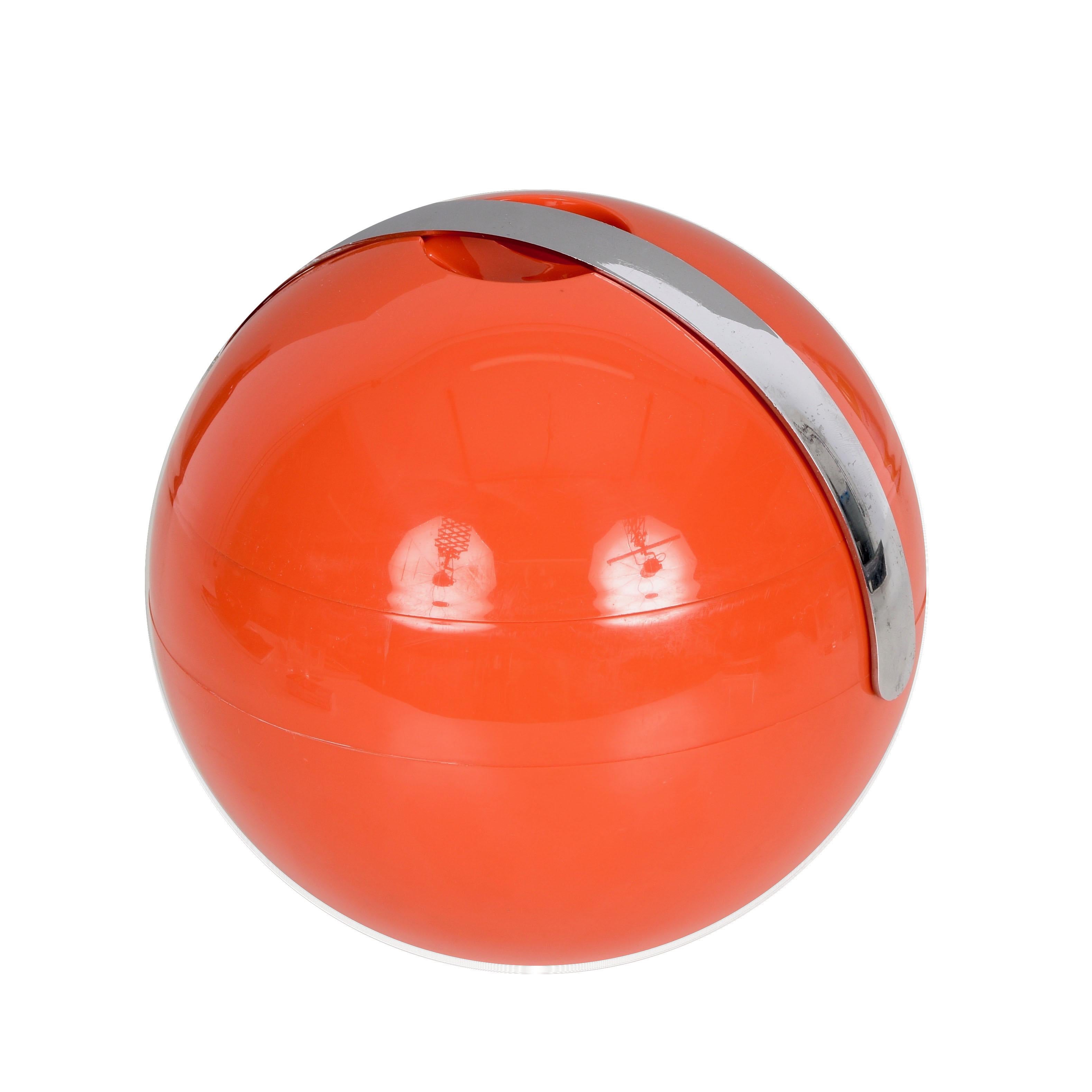 Guzzini Midcentury Orange Plastic Ball-Shaped Italian Ice Bucket, 1970s 1