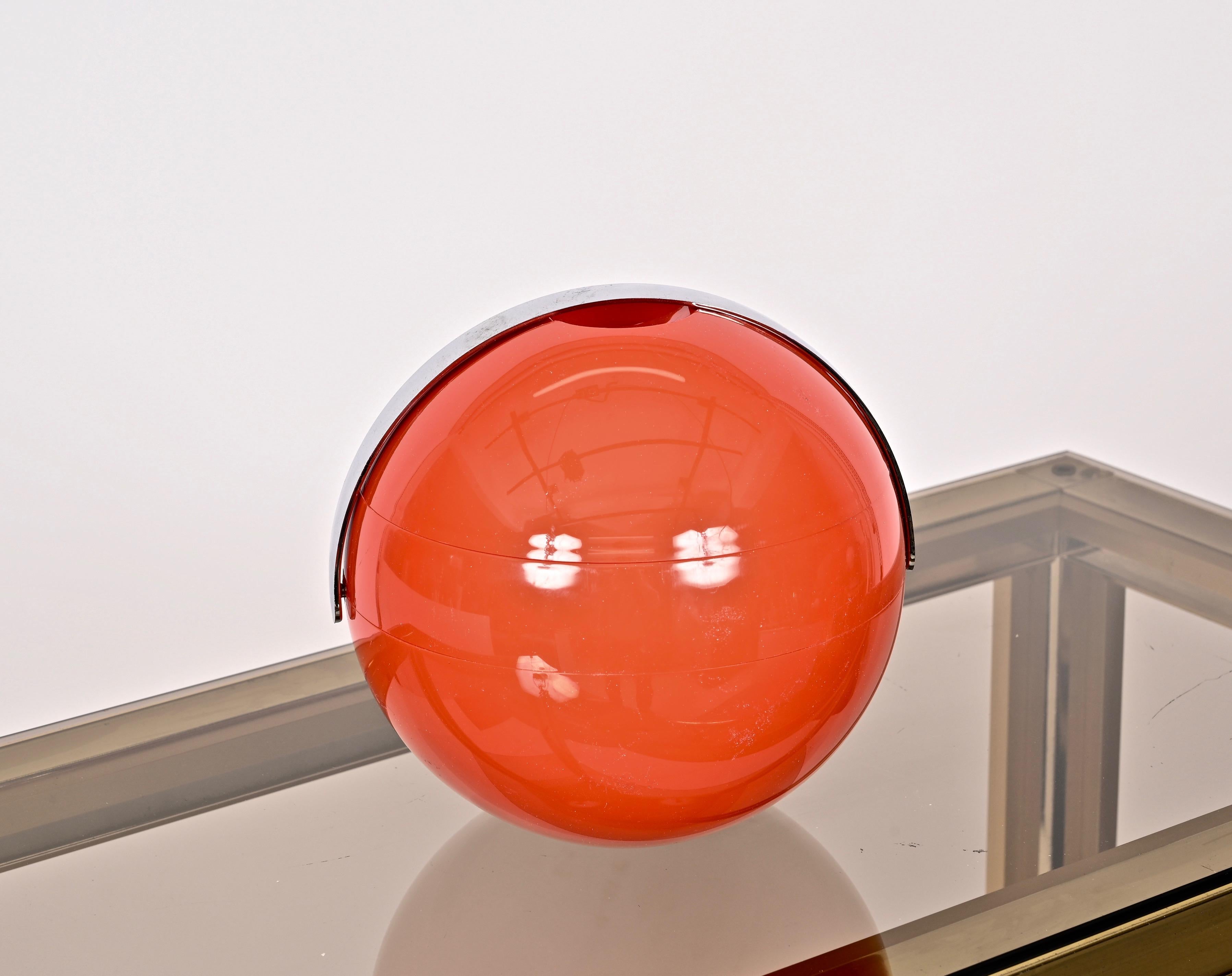 Chrome Guzzini Midcentury Orange Plastic Ball-Shaped Italian Ice Bucket, 1970s 'New' For Sale