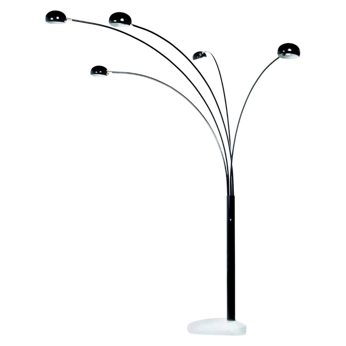 Guzzini Style 1980s Modern Five-Head Black Arch Lamp with Marbles Base