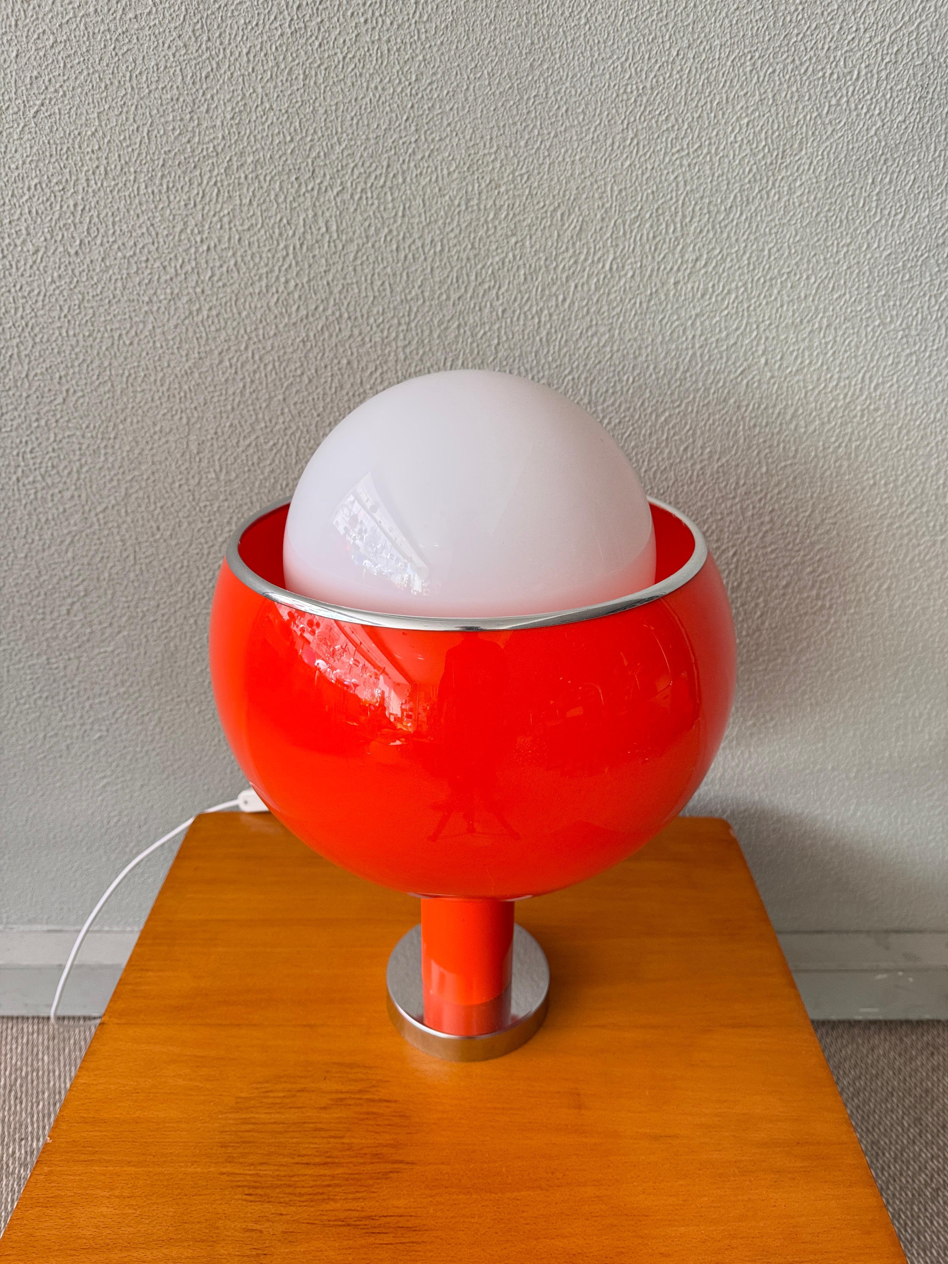 Late 20th Century Guzzini Style Table Lamp Orange Acrylic & Opaline Glass – Italy 1970s For Sale