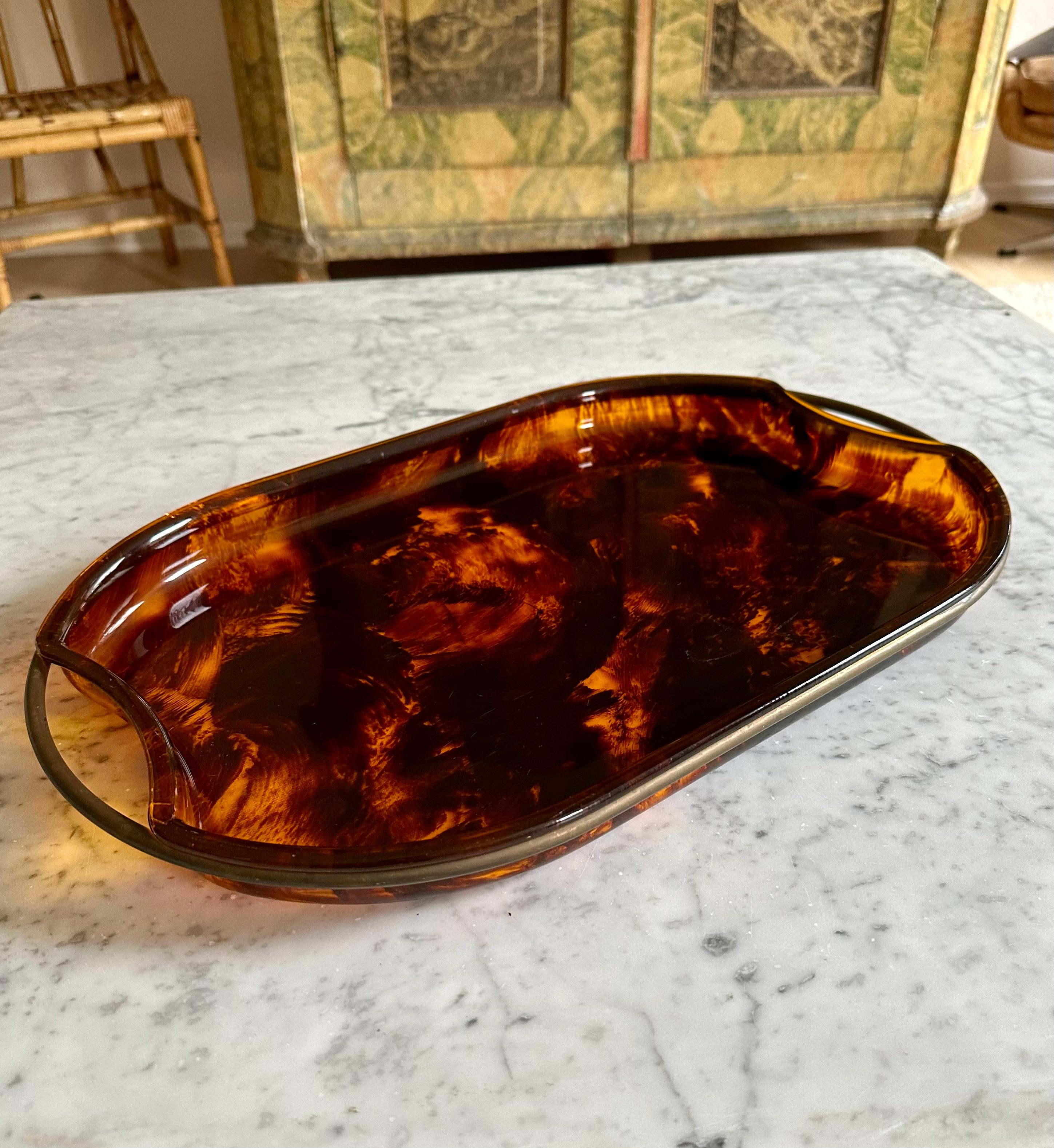 Hollywood Regency  Guzzini’s Oval Lucite Serving Tray from 1970s Italy – Faux Tortoiseshell -brass For Sale