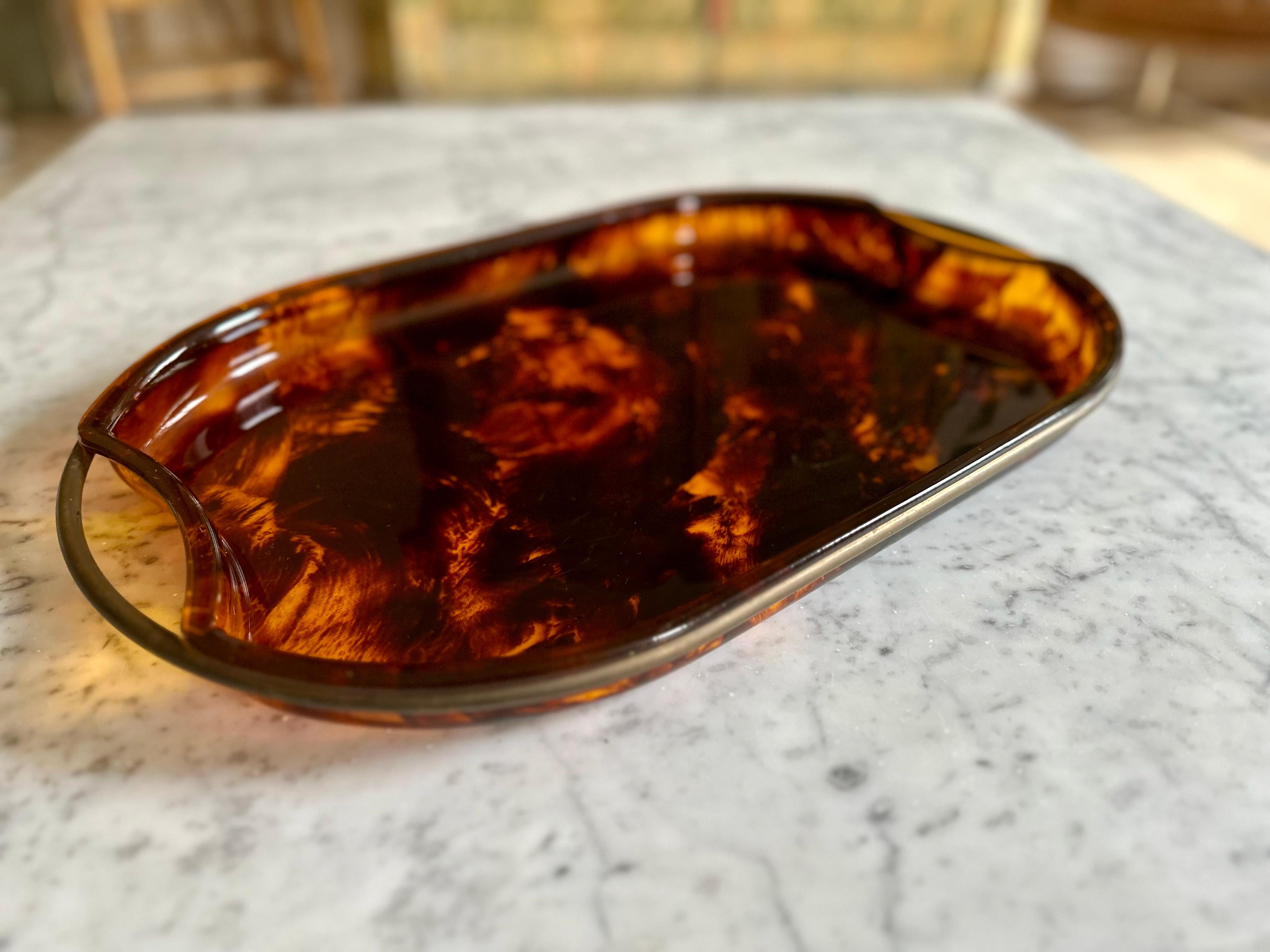 Italian  Guzzini’s Oval Lucite Serving Tray from 1970s Italy – Faux Tortoiseshell -brass For Sale