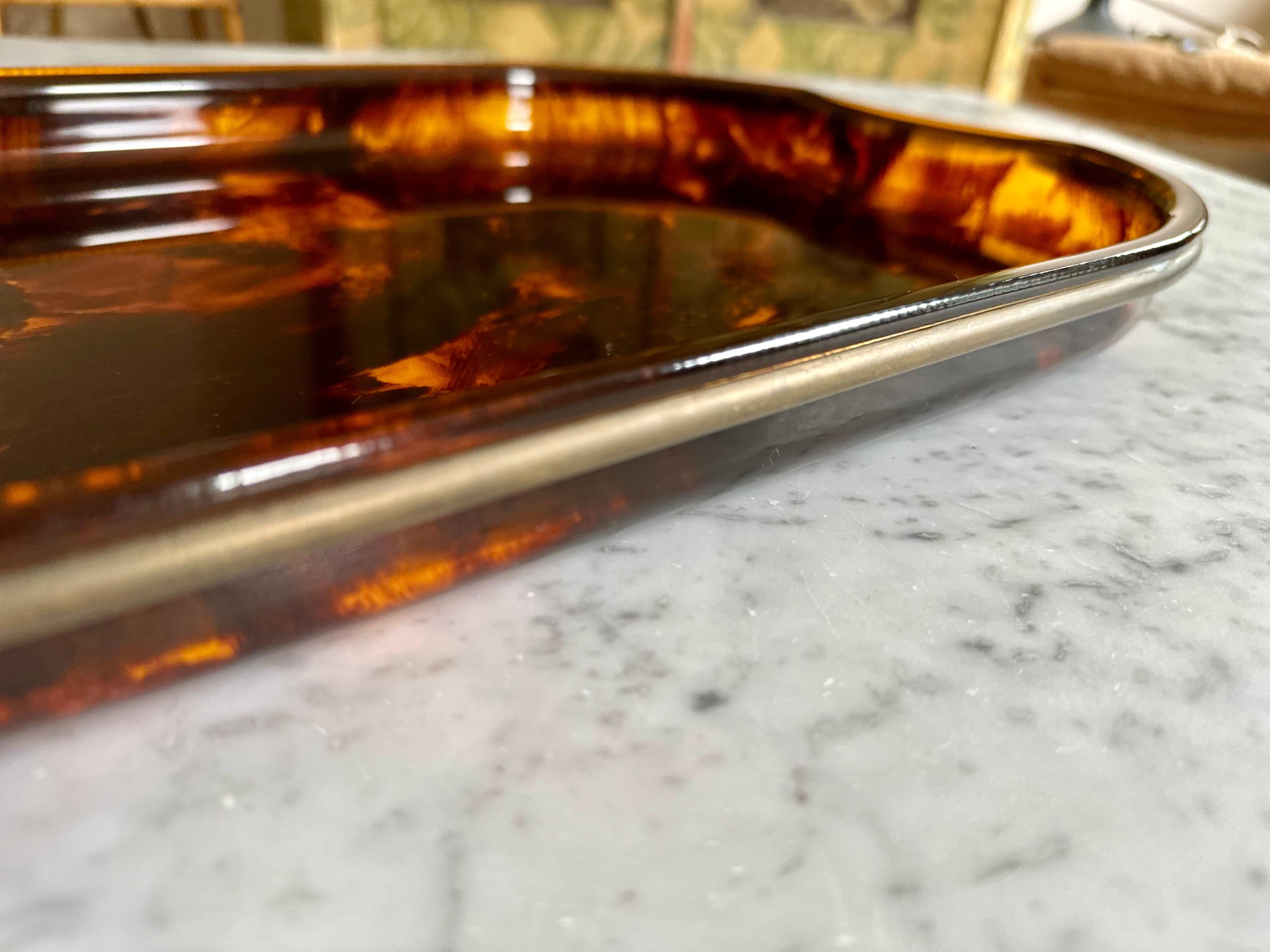 20th Century  Guzzini’s Oval Lucite Serving Tray from 1970s Italy – Faux Tortoiseshell -brass For Sale