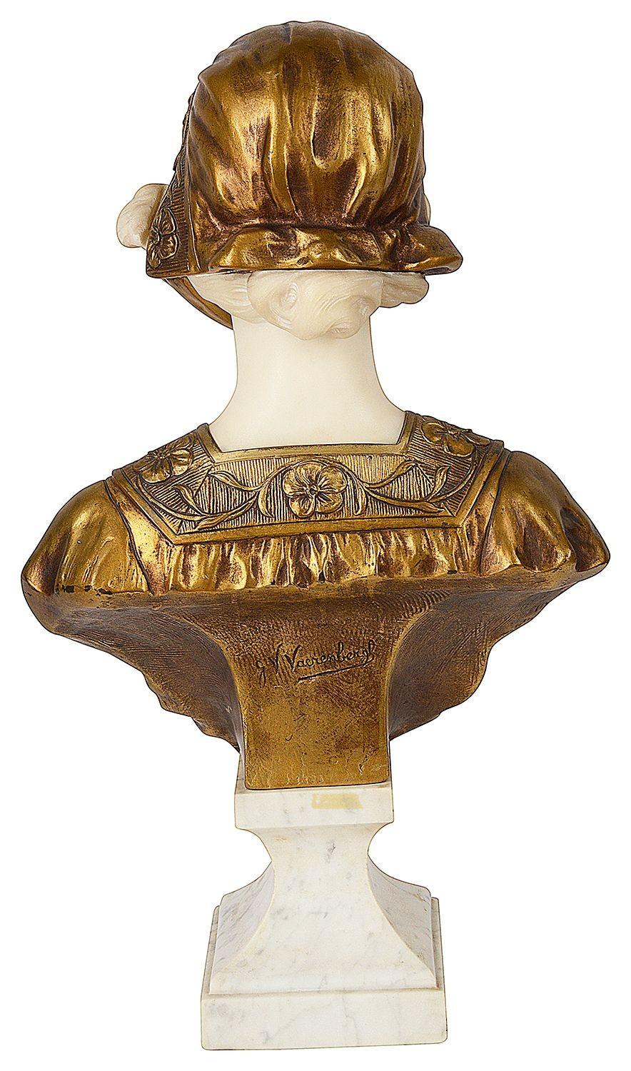 Belge G.V. Buste d'une jeune fille en marbre et bronze doré de Vaerenbergh en vente