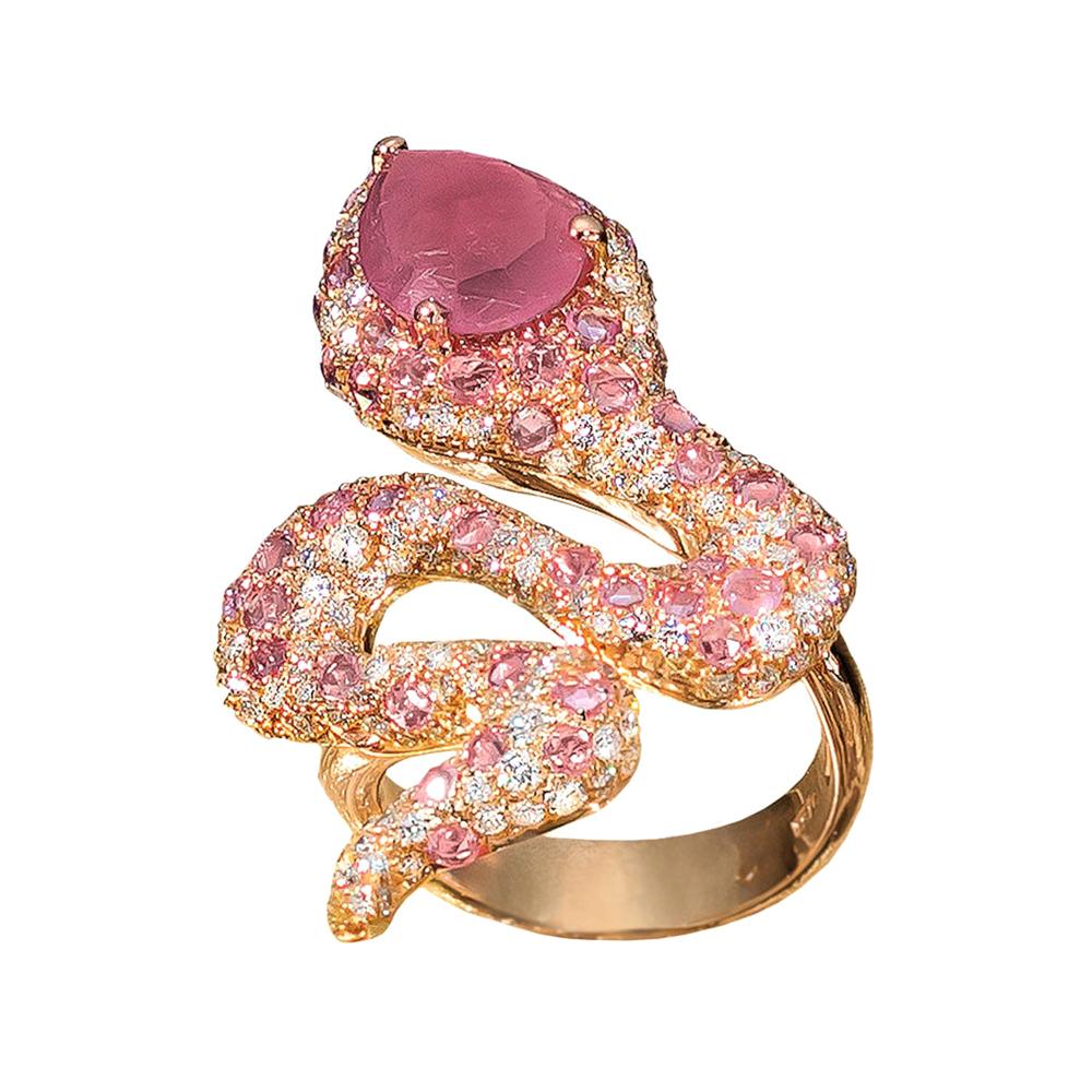 G.Verdi 18 Karat Rose Gold, 2.40Ct Diamond & 5.78Ct Pink Sapphire Serpent Ring