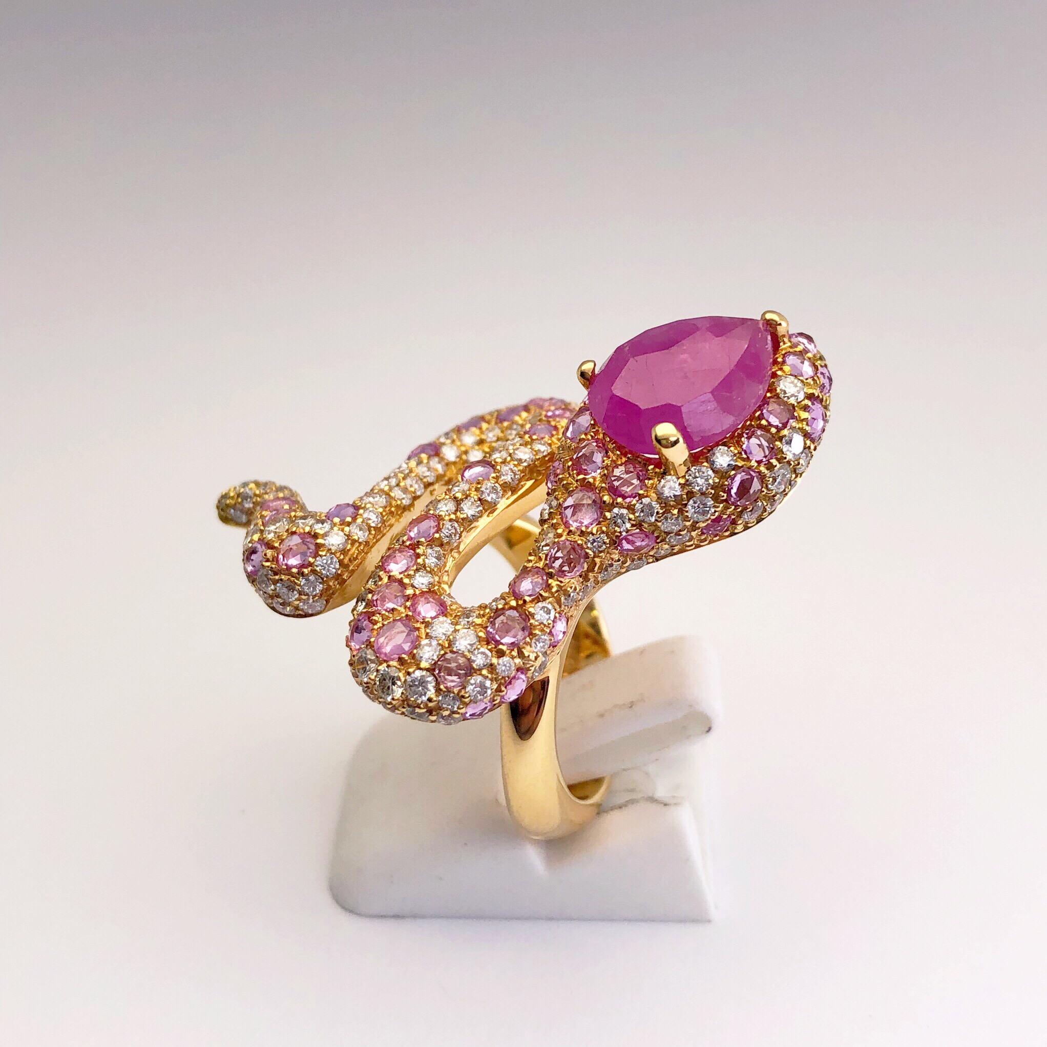 Round Cut G.Verdi 18 Karat Rose Gold, 2.40Ct Diamond & 5.78Ct Pink Sapphire Serpent Ring For Sale