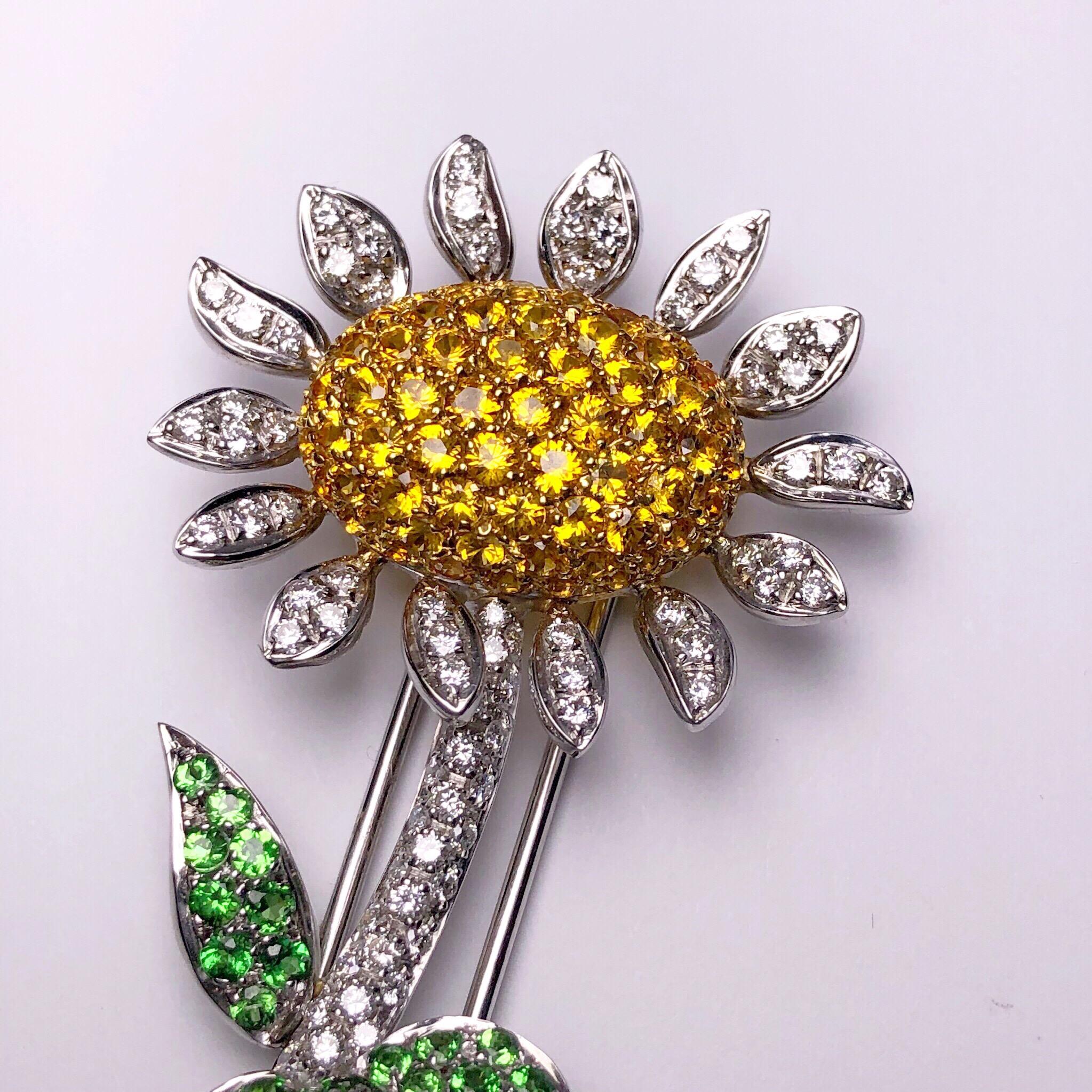Round Cut g.Verdi 18KT WG Sunflower Brooch with Diamonds, Yellow Sapphires and Tsavorites
