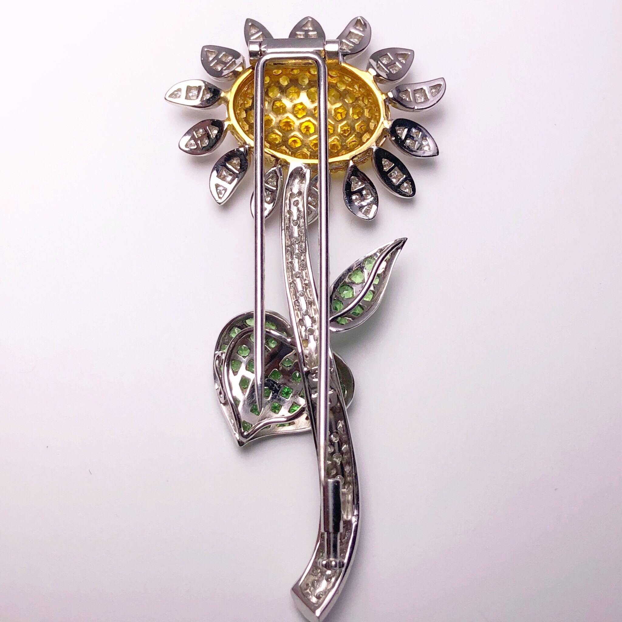Women's or Men's g.Verdi 18KT WG Sunflower Brooch with Diamonds, Yellow Sapphires and Tsavorites