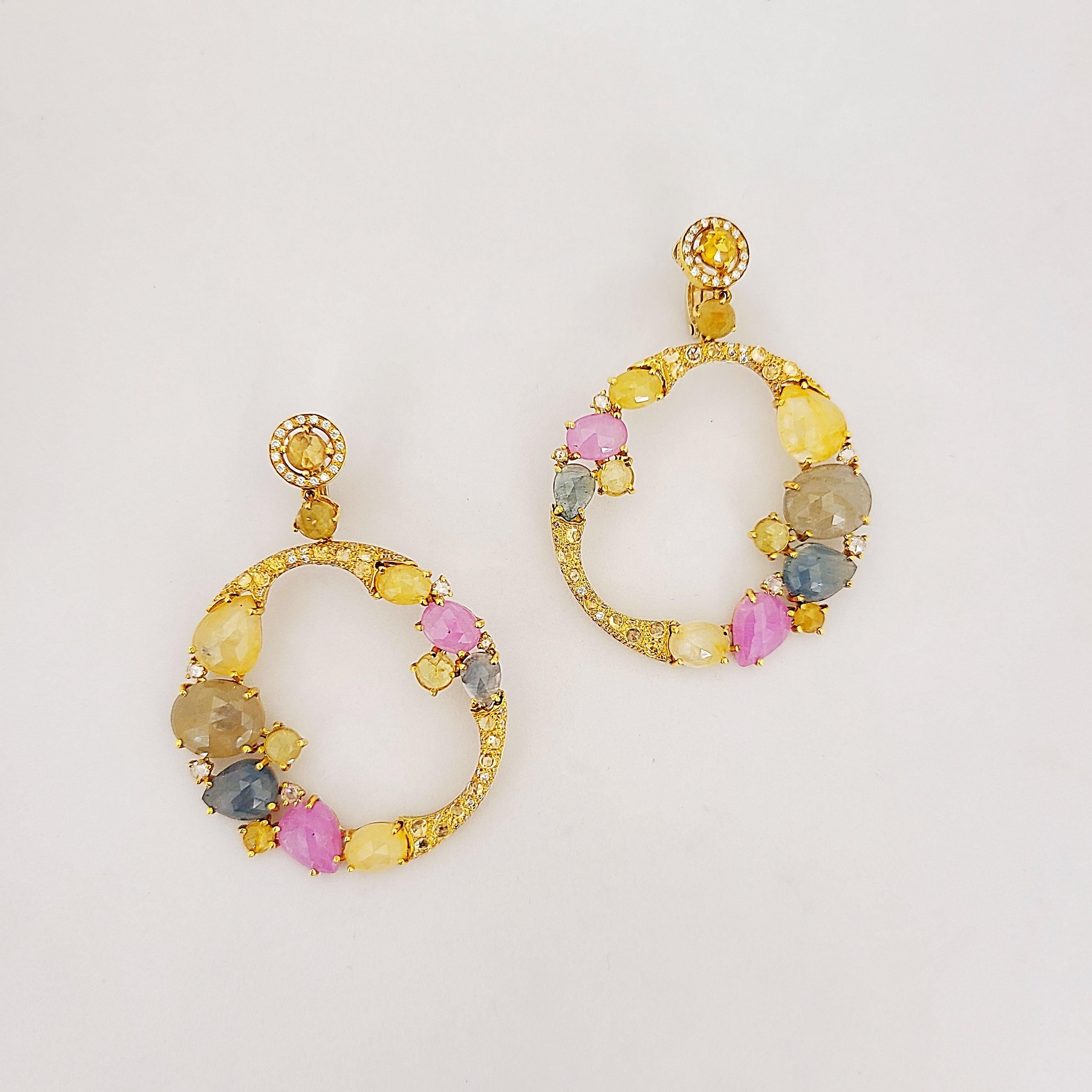 Modern G.Verdi 18KT Yellow Gold Pendant Hoop Earrings 43.22Ct. Multicolored Sapphires For Sale
