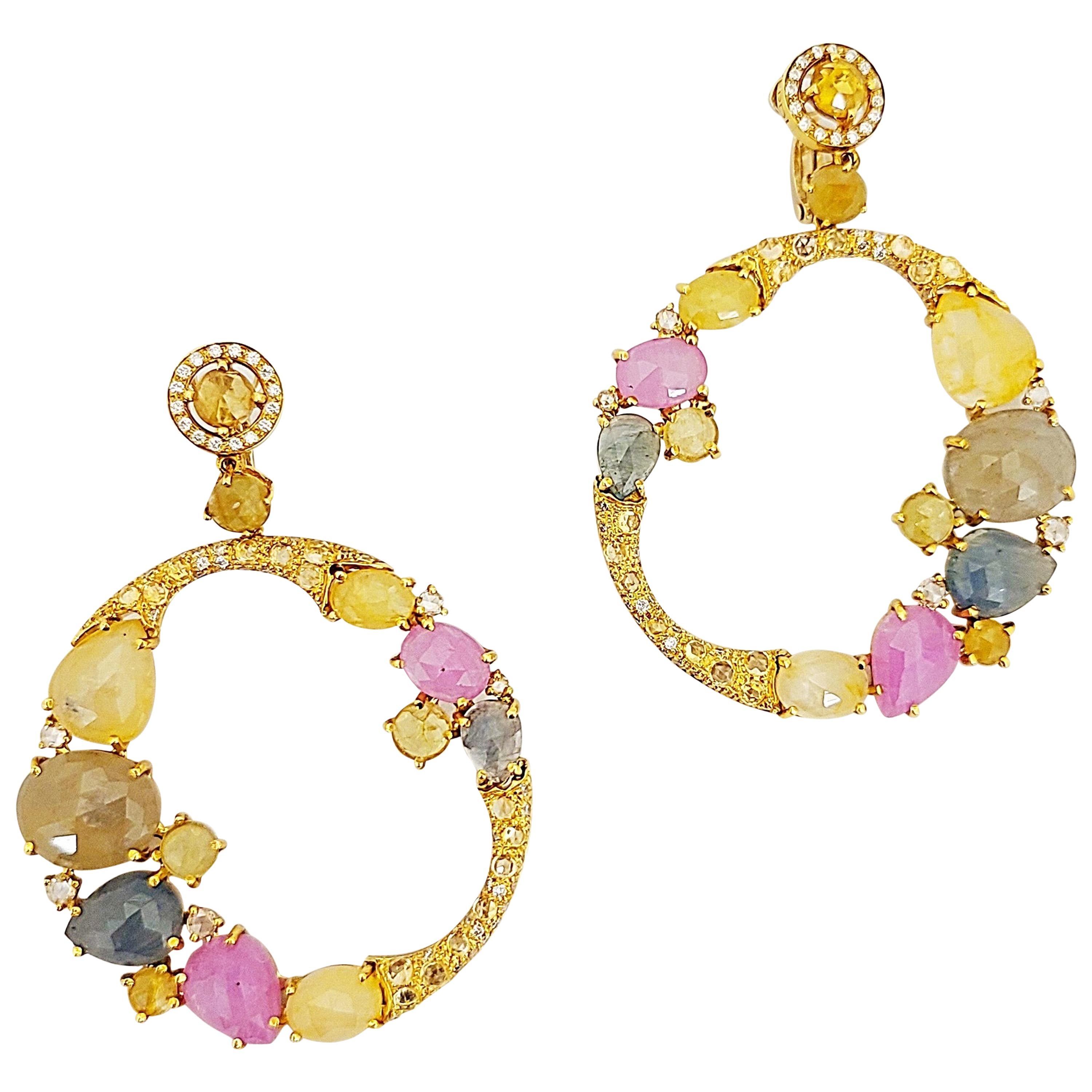 G.Verdi 18KT Yellow Gold Pendant Hoop Earrings 43.22Ct. Multicolored Sapphires For Sale
