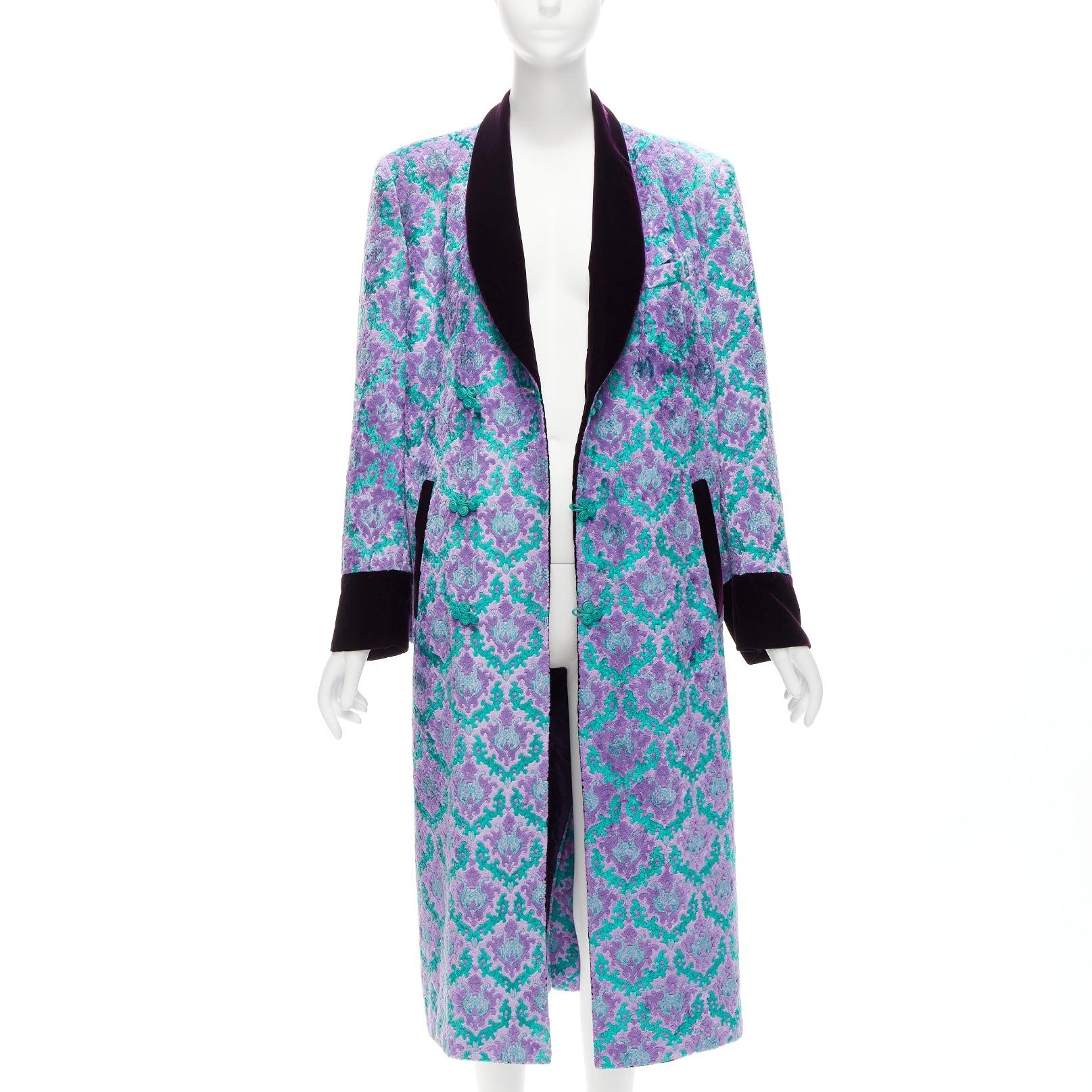Purple G.V.G.V. purple green tapestry jacquard dark velvet belted robe coat FR38 M For Sale