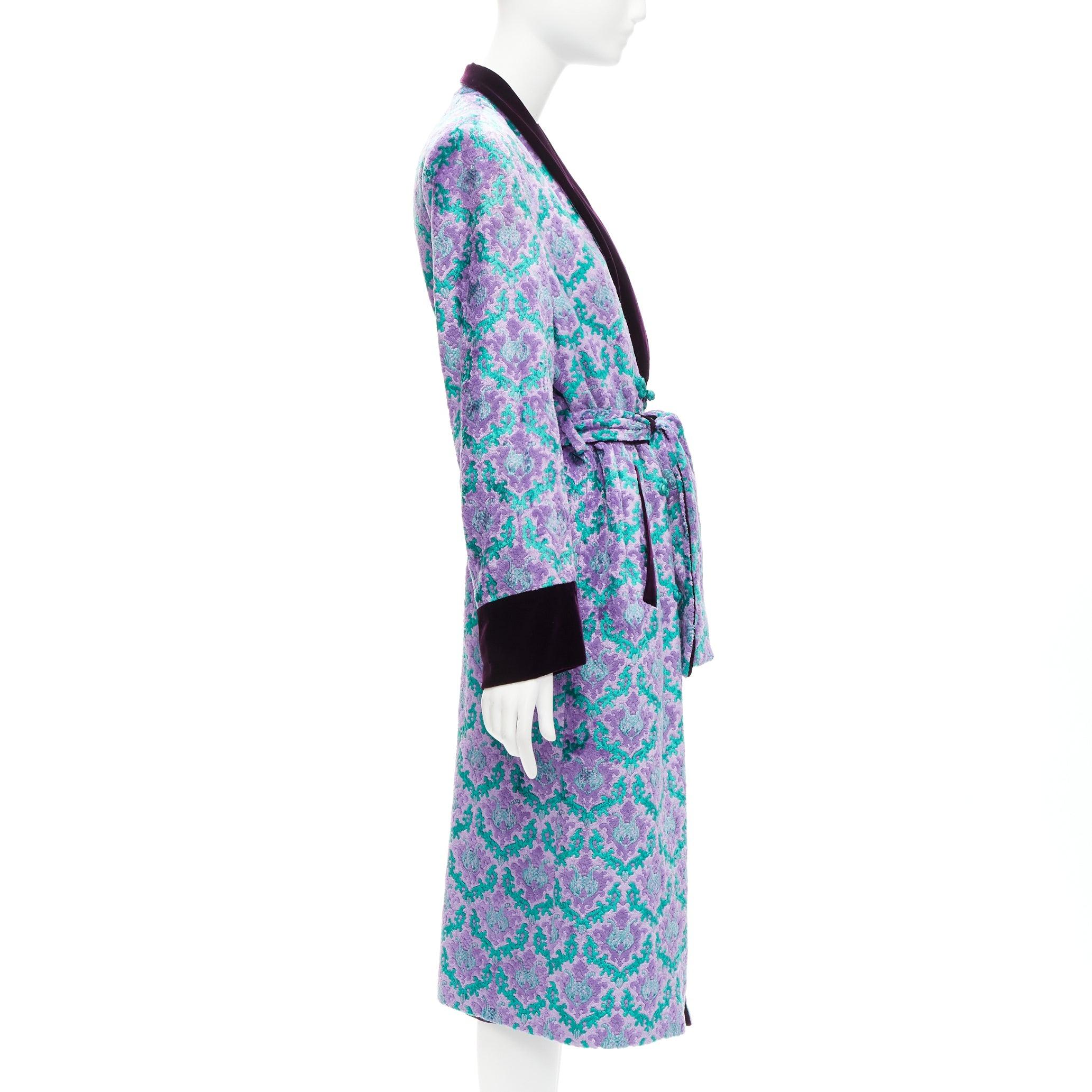 Women's G.V.G.V. purple green tapestry jacquard dark velvet belted robe coat FR38 M For Sale