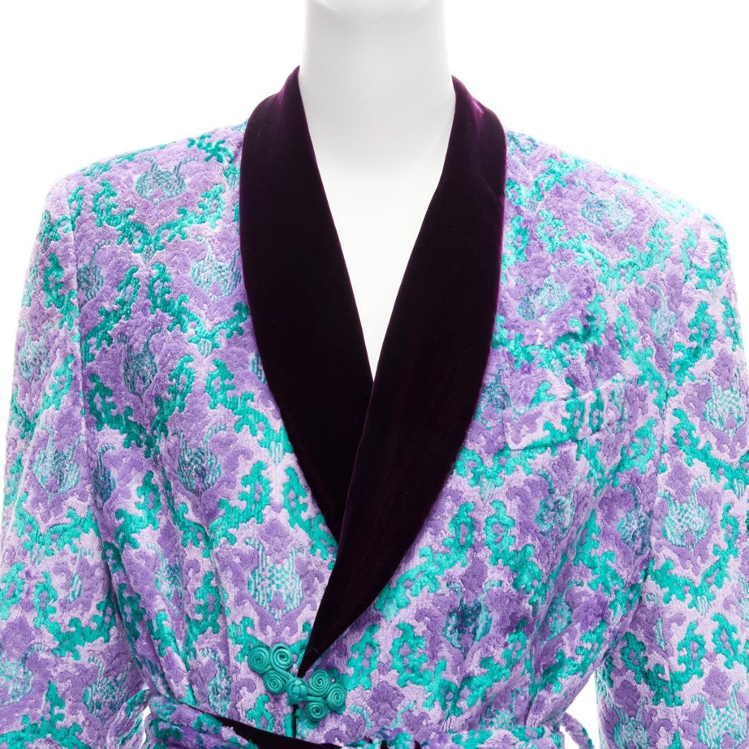 G.V.G.V. purple green tapestry jacquard dark velvet belted robe coat FR38 M For Sale 3