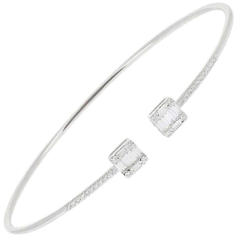 GVS 0.38 Carat Round and Baguette Diamond Bangle Bracelet 18 Karat White Gold For Sale