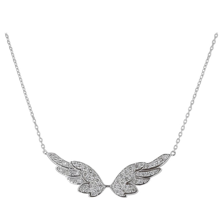 0,74 Carat GVS Round Diamond Angel Wings Chain Necklaces 18K White Gold