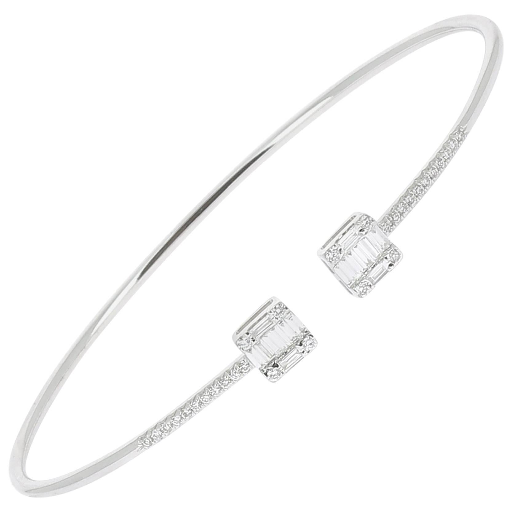 0.37 Carat GVS Baguette/Round Diamonds Cuff Bracelet 18K White Gold 