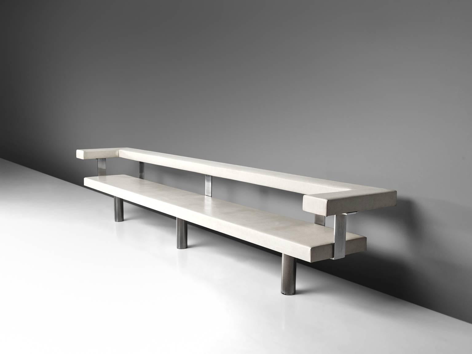 G.W. Rietveld and interior designer J. Tricht, bench, white faux leather and metal, the Netherlands, 1965.

This sofa was originally designed as a 'hall bench' function for a local bank in Dedemsvaart, the Netherlands. J. Tricht was the interior