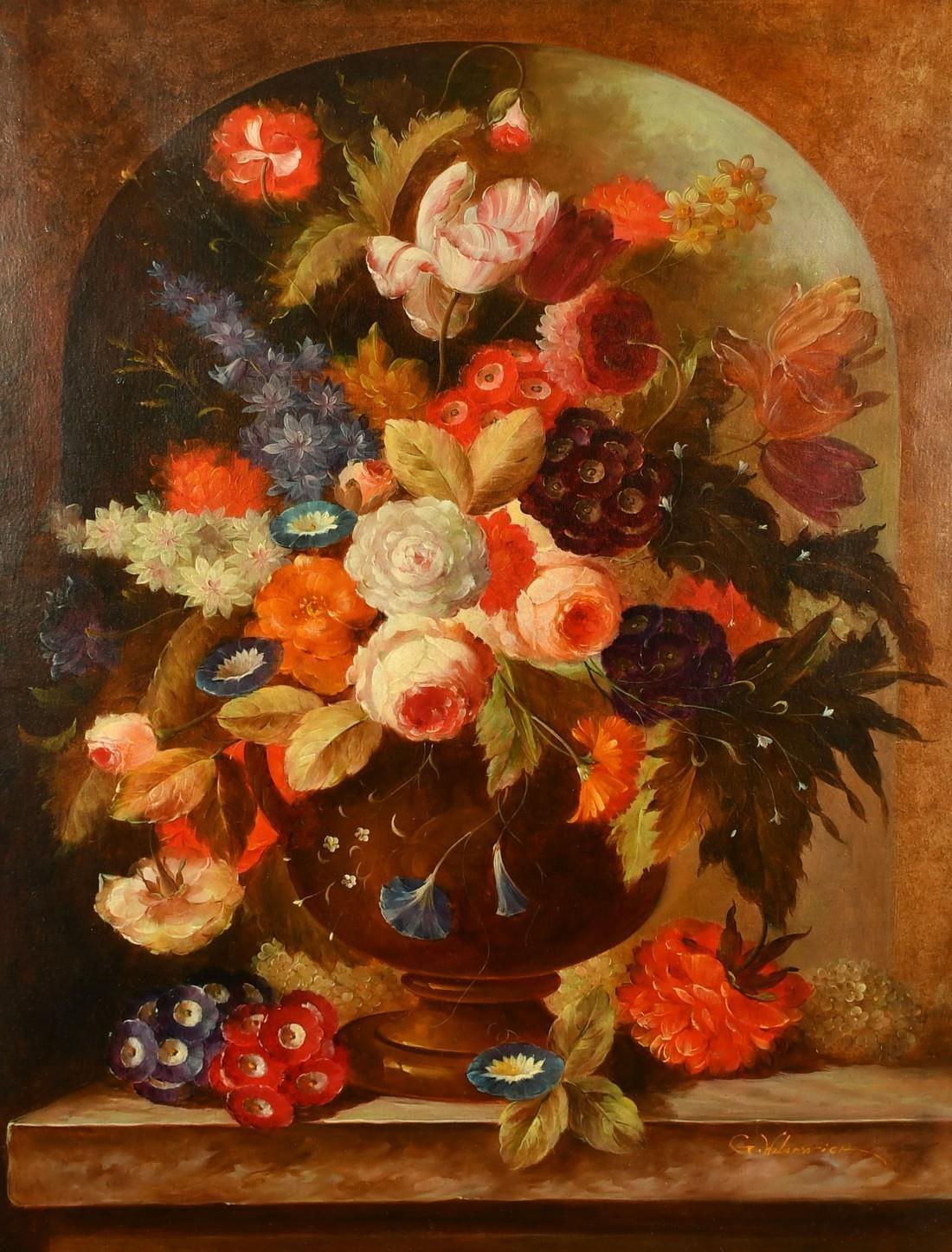 Still-Life Painting G.Wabarwick - Grande peinture  l'huile classique de nature morte florale en forme d'urne, de fleurs mixtes ples