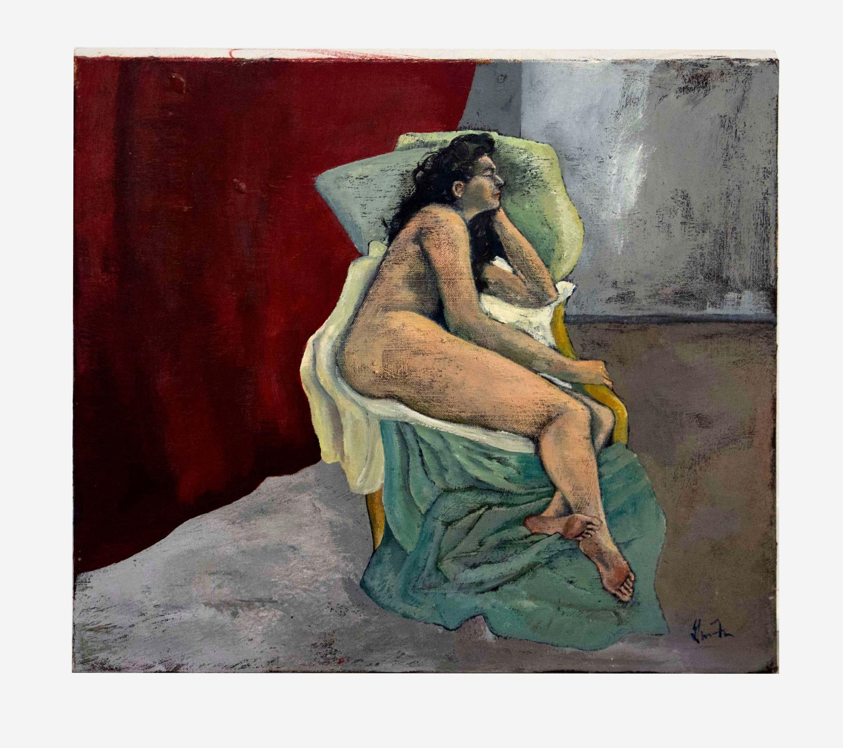 For your consideration is a lovely and surreal acrylic painting on canvas depicting a nude woman figure signed on the front and verso by Gwen Freeman. This painting was acquired from a curator and gallery owner from Los Angeles with a collection of