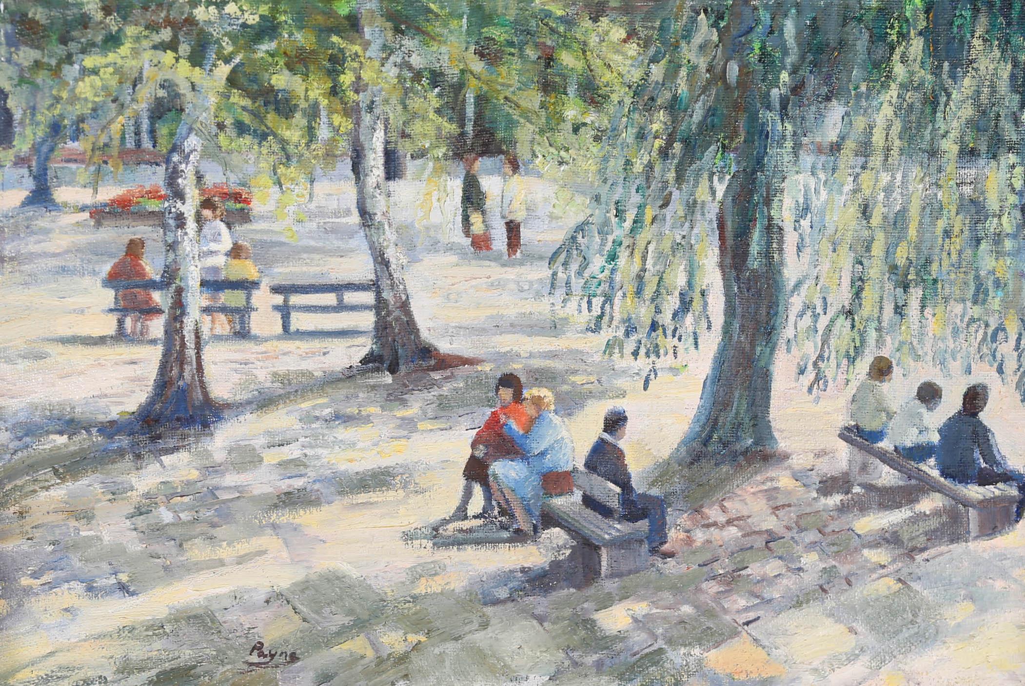A vibrant and refreshing impressionistic painting by Gwen Payne, depicting a continental town square with figures occupying public benches in the dappled shade of several ornamental trees. The painting is signed to the lower left. Well presented in