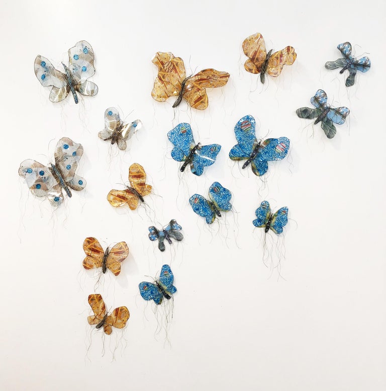 Gwen Samuels Abstract Sculpture - Butterflies in Blues and Golds, Wall Sculpture, 2021