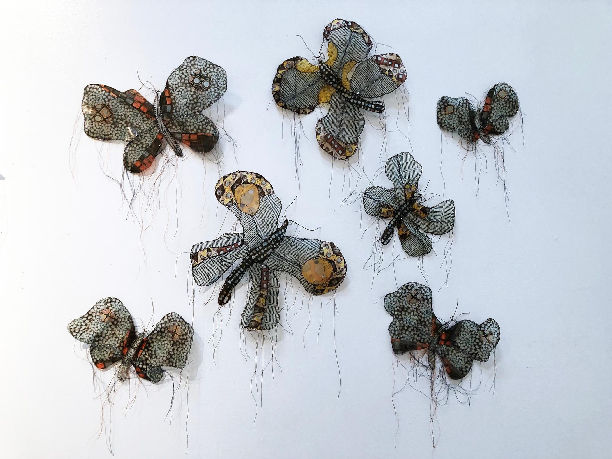 Seven Black and White Butterflies - Installation Mixed Media Butterfly Sculpture