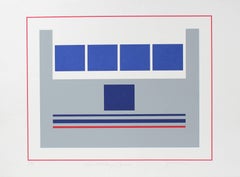 "Five Military Squares" Minimal Abstract Serigraph with Blue, Late 20th Century