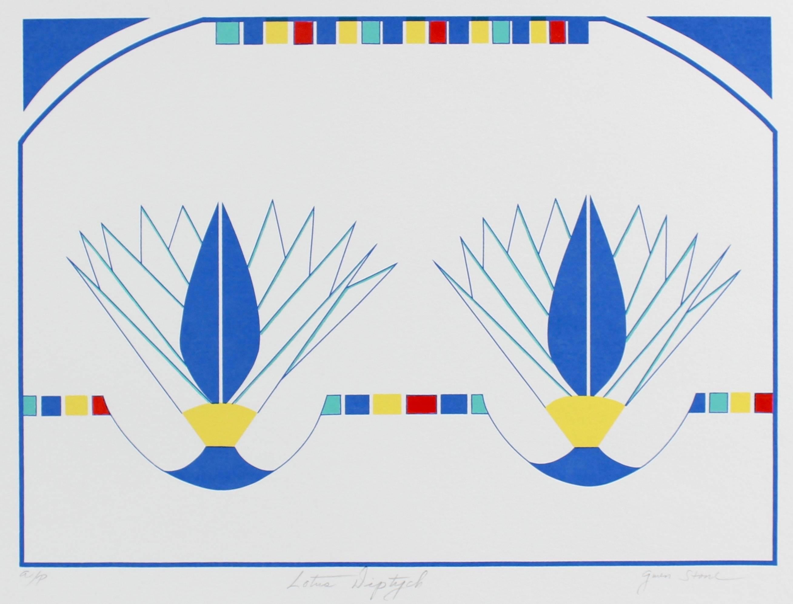 Gwen Stone Abstract Print - "Lotus Diptych" Minimal Abstract Silkscreen in Blue, Circa 1980s