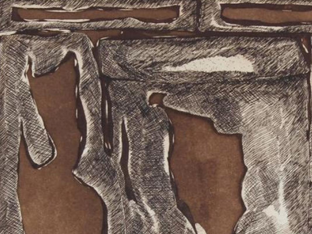 This late 20th century etching and aquatint organic Bauhaus Modernist abstract in brown and black is by Northern California artist, poet, and playwright Gwen Stone (1913-2007).  Stone has exhibited widely; at the CA Palace of the Legion of Honor, SF