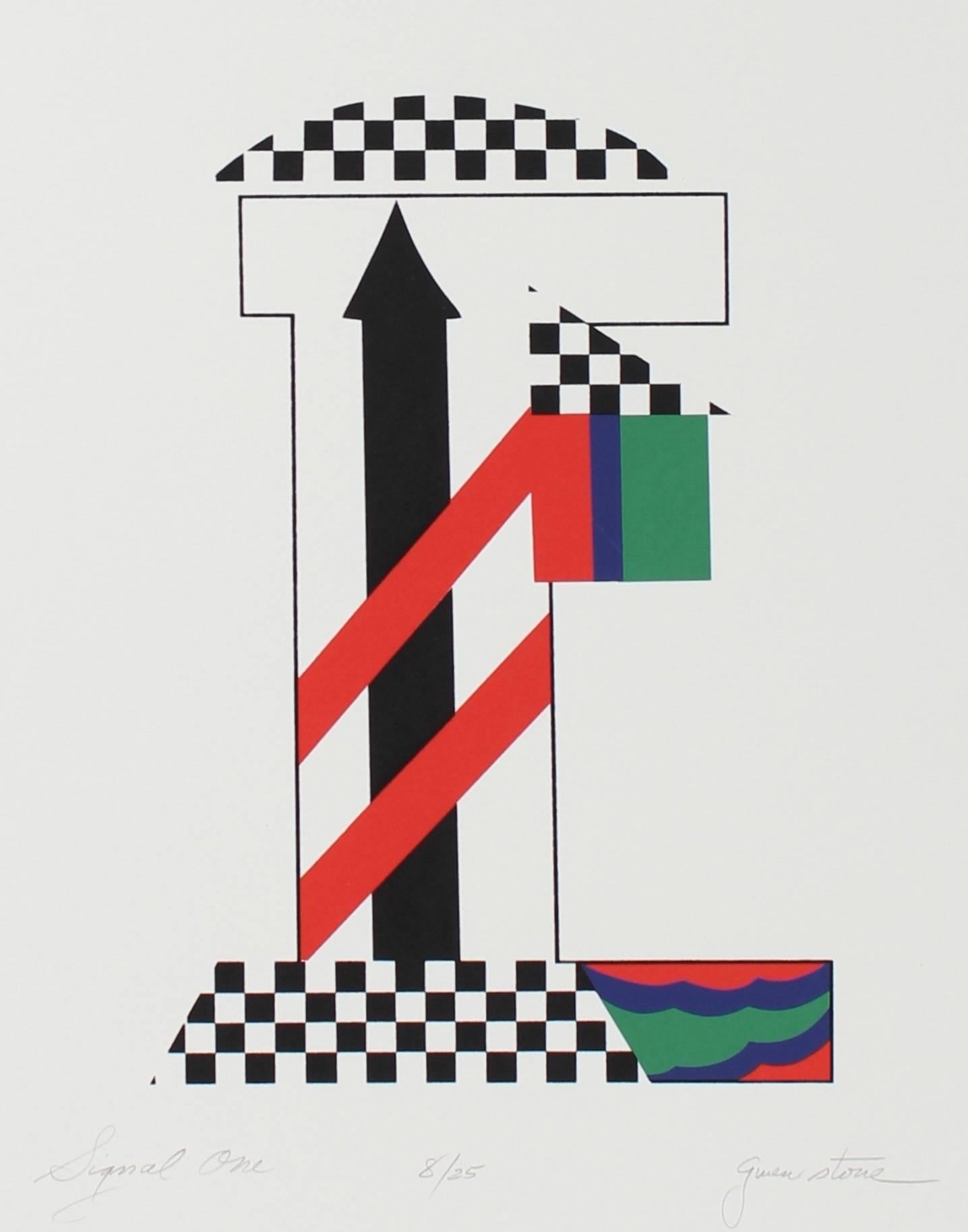 Gwen Stone Abstract Print - "Signal One" Checkered Abstract Serigraph, 1978