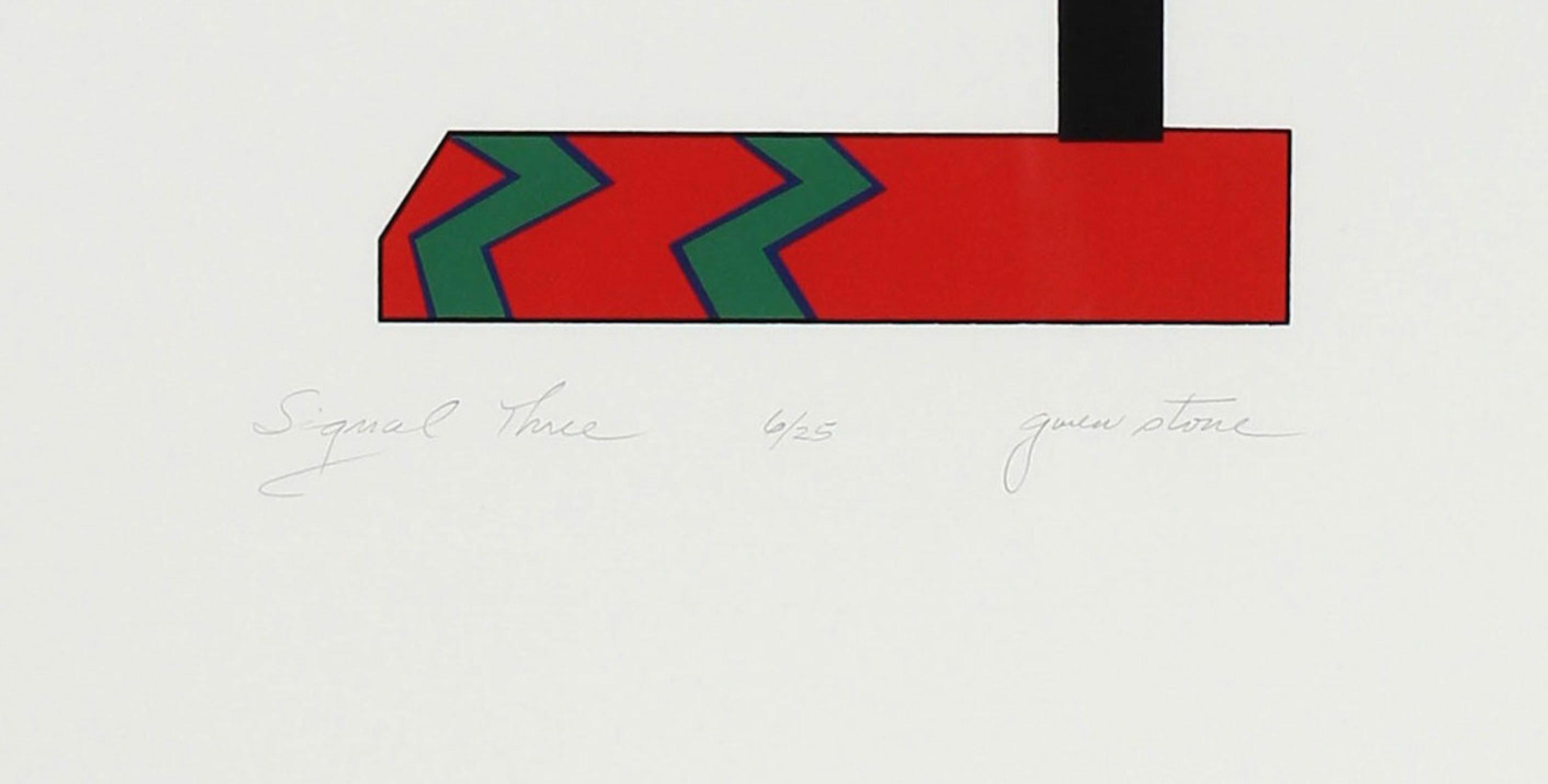 This late 20th century abstract serigraph on paper in red, green, black and white entitled 